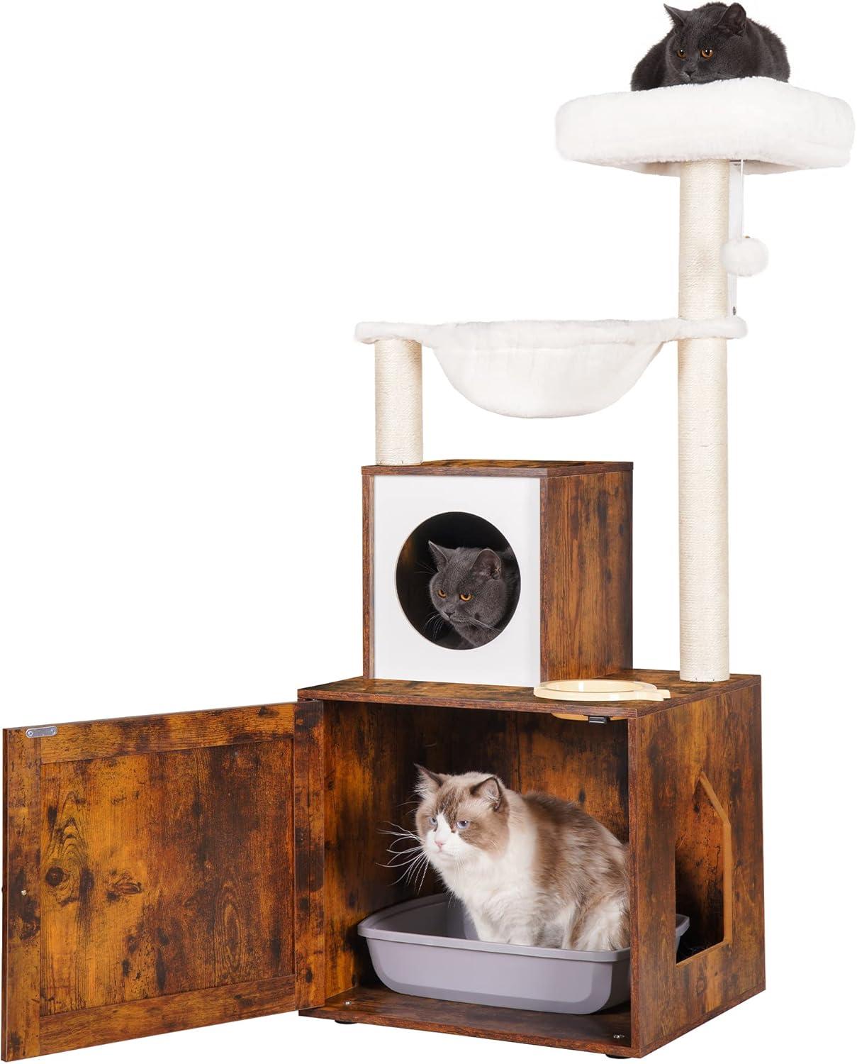 Wood Litter Box Enclosure with Food Station, All-in-one Indoor Cat Furniture with Large Platform and Condo