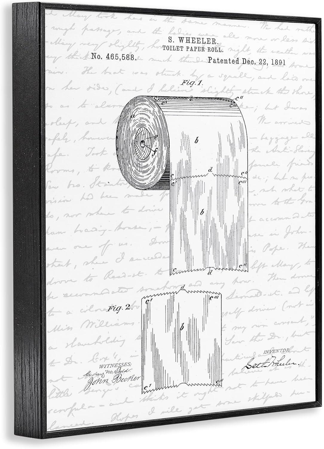 Stupell Industries Toilet Paper Roll Patent Black And White Bathroom Design Framed Wall Art by Lettered and Lined