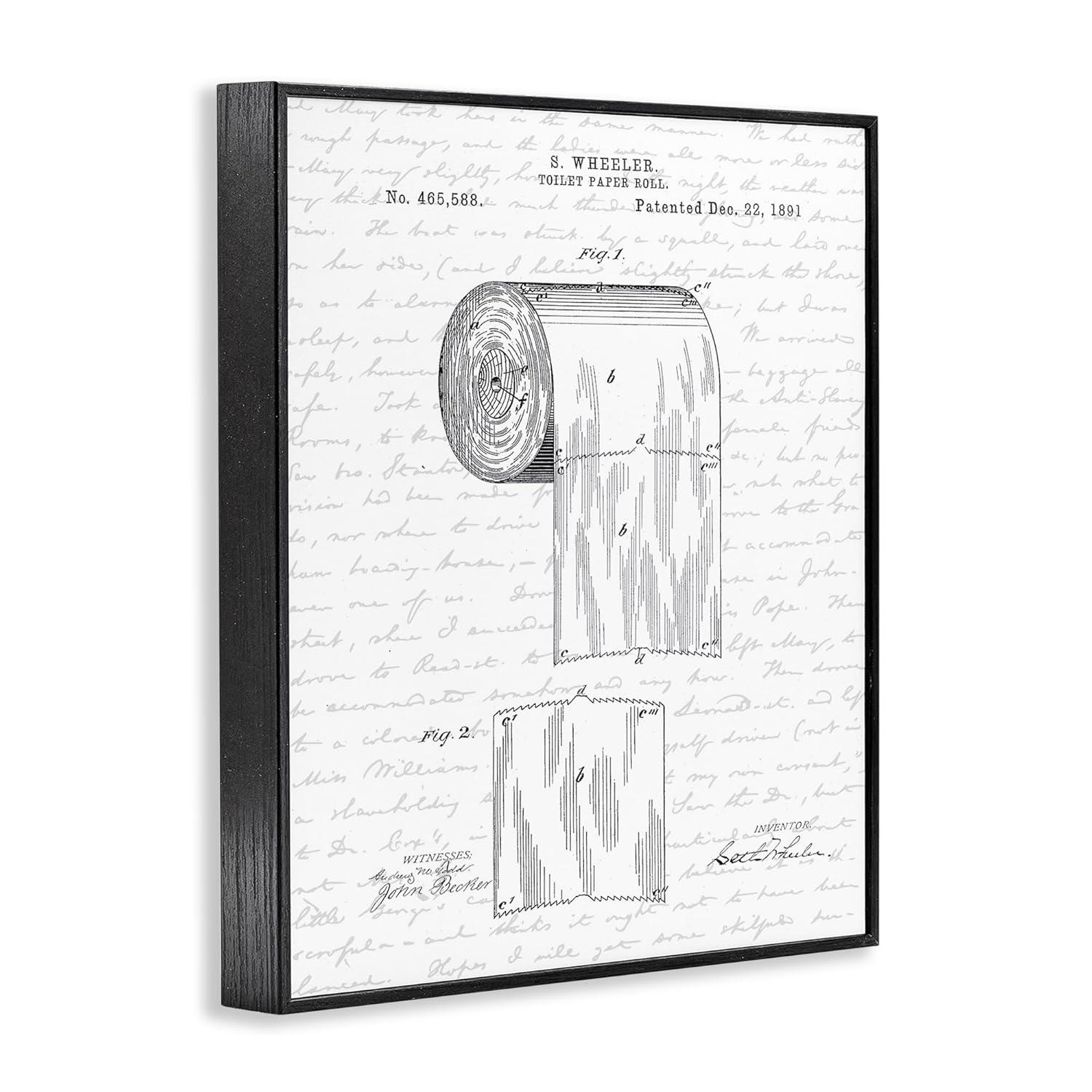 Stupell Industries Toilet Paper Roll Patent Black And White Bathroom Design Framed Wall Art by Lettered and Lined