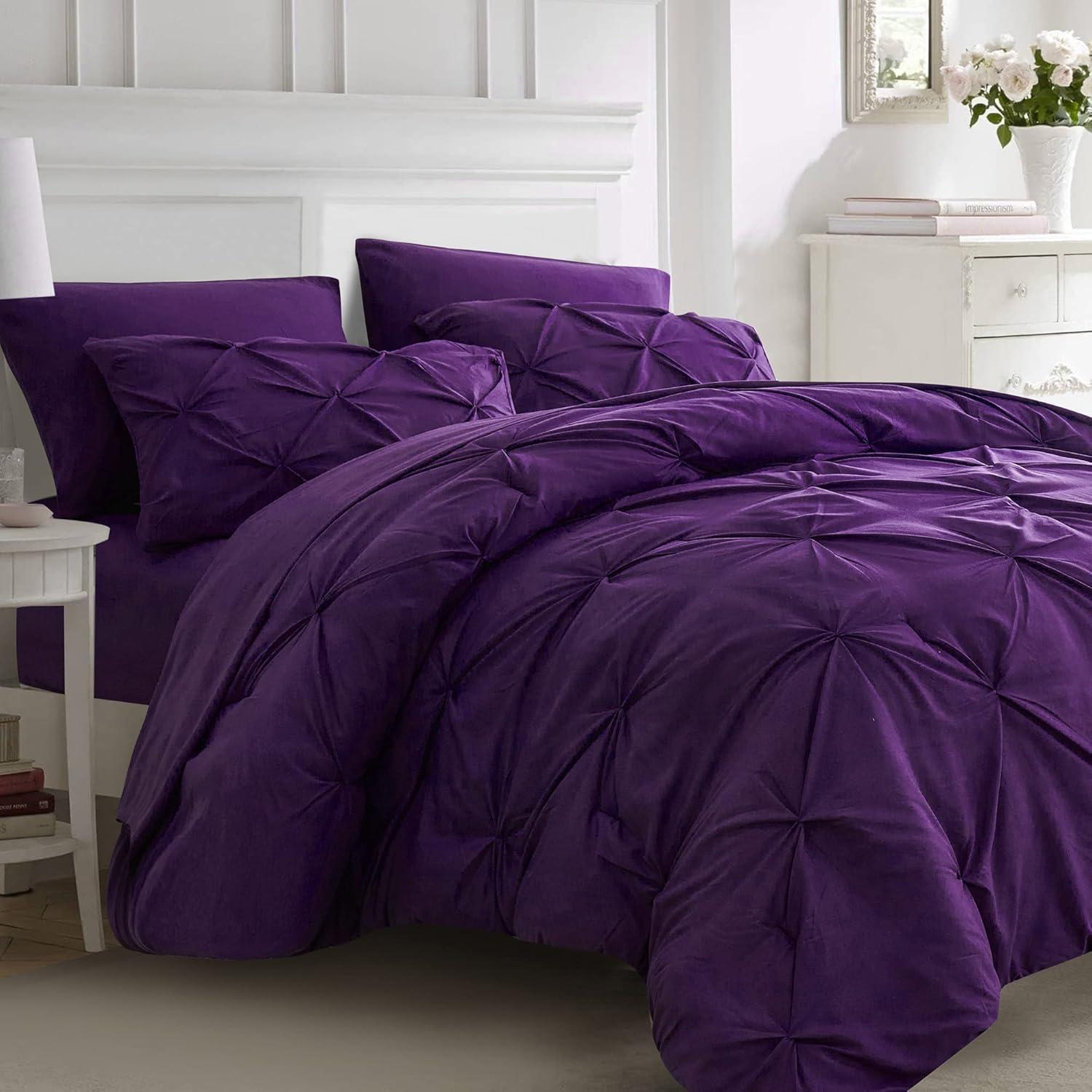 Purple Microfiber King Comforter Set with Pinch Pleat Design