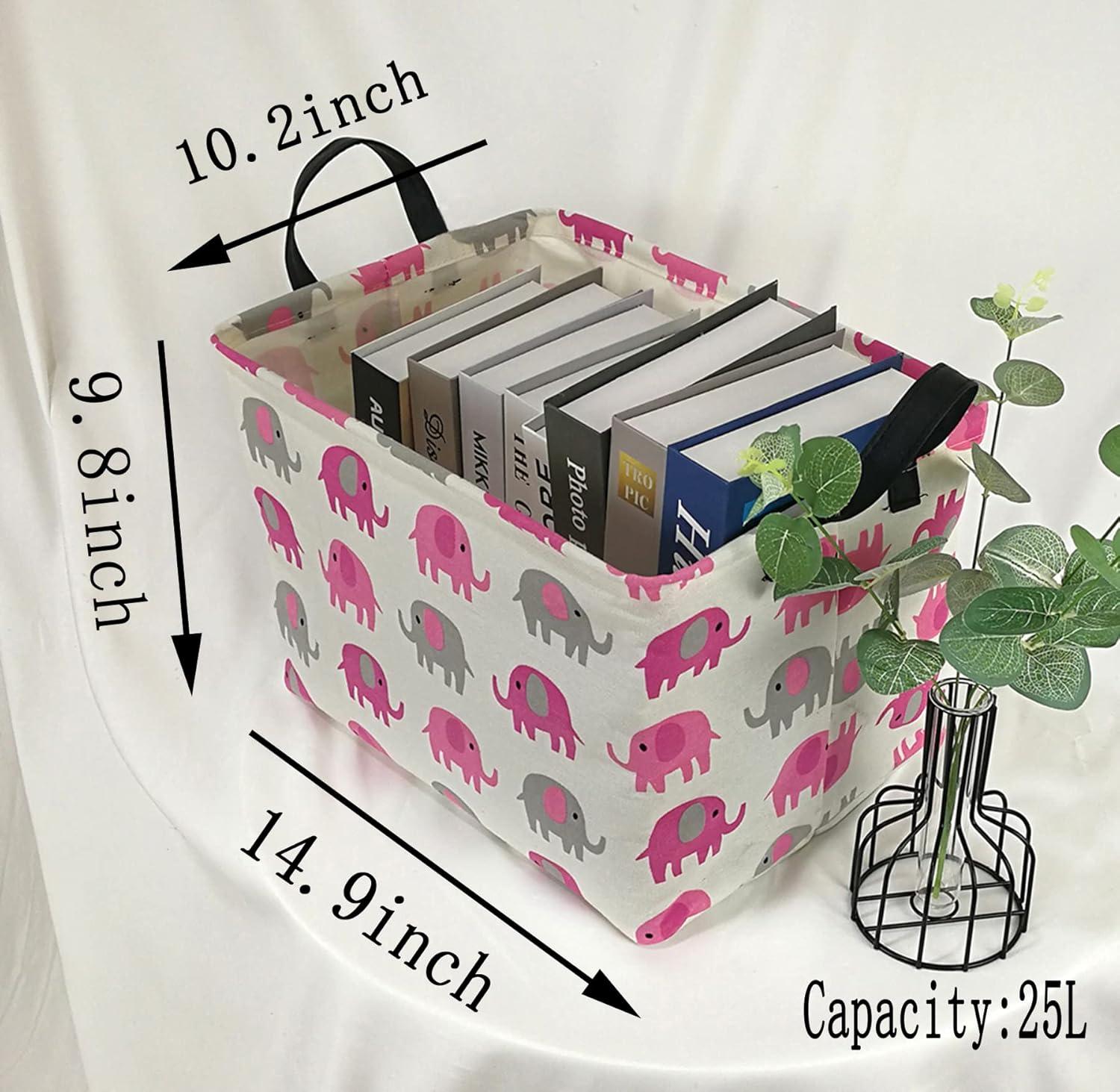 Elephant Print Rectangular Storage Bin Shelf Basket Canvas Fabric Toy Box,Waterproof Coating Nursery Hamper with Handles,Gift Basket for Home,Office,Clothes,Books(pink grey elephant)