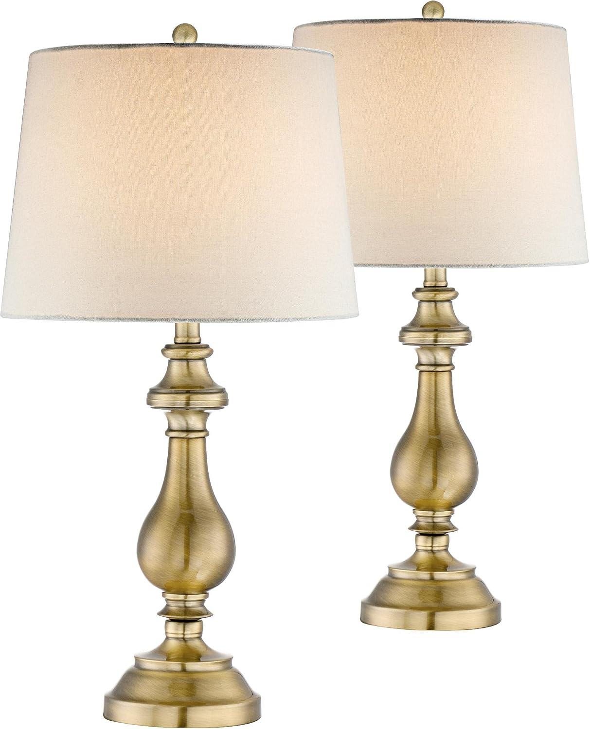 Regency Hill Fairlee Traditional Table Lamps 26" High Set of 2 Antique Brass Metal Candlestick White Fabric Drum Shade for Bedroom Living Room Bedside