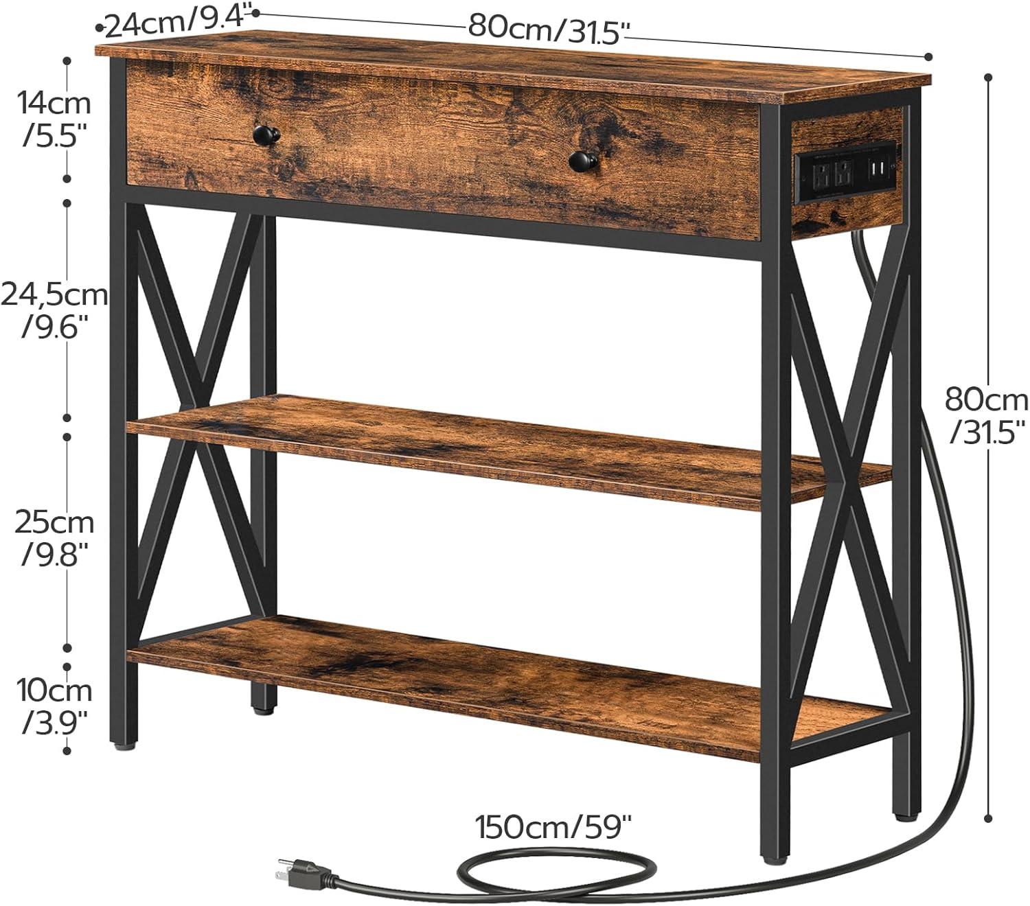 HOOBRO Console Table with Outlets and USB Ports, Narrow Entryway Table with Drawer, Small Sofa Table with 2 Storage Shelves, Behind Couch, Living Room, Hallway, Foyer, Kitchen, Rustic Brown BF88XG01