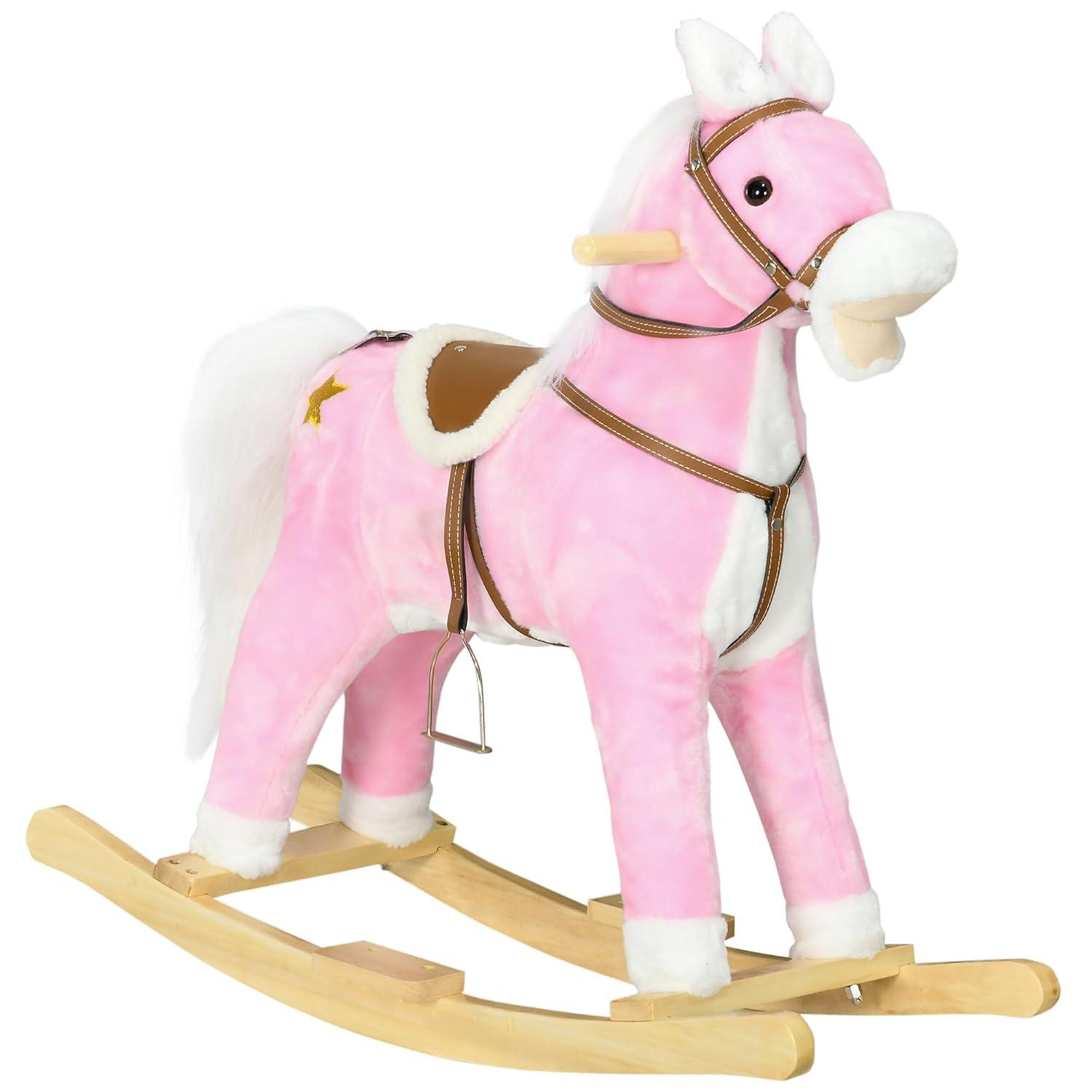 Qaba Rocking Horse with Sound, Ride on Horse with Saddle, Toddler Rocker, Gift for 3-8 Year Old, Pink
