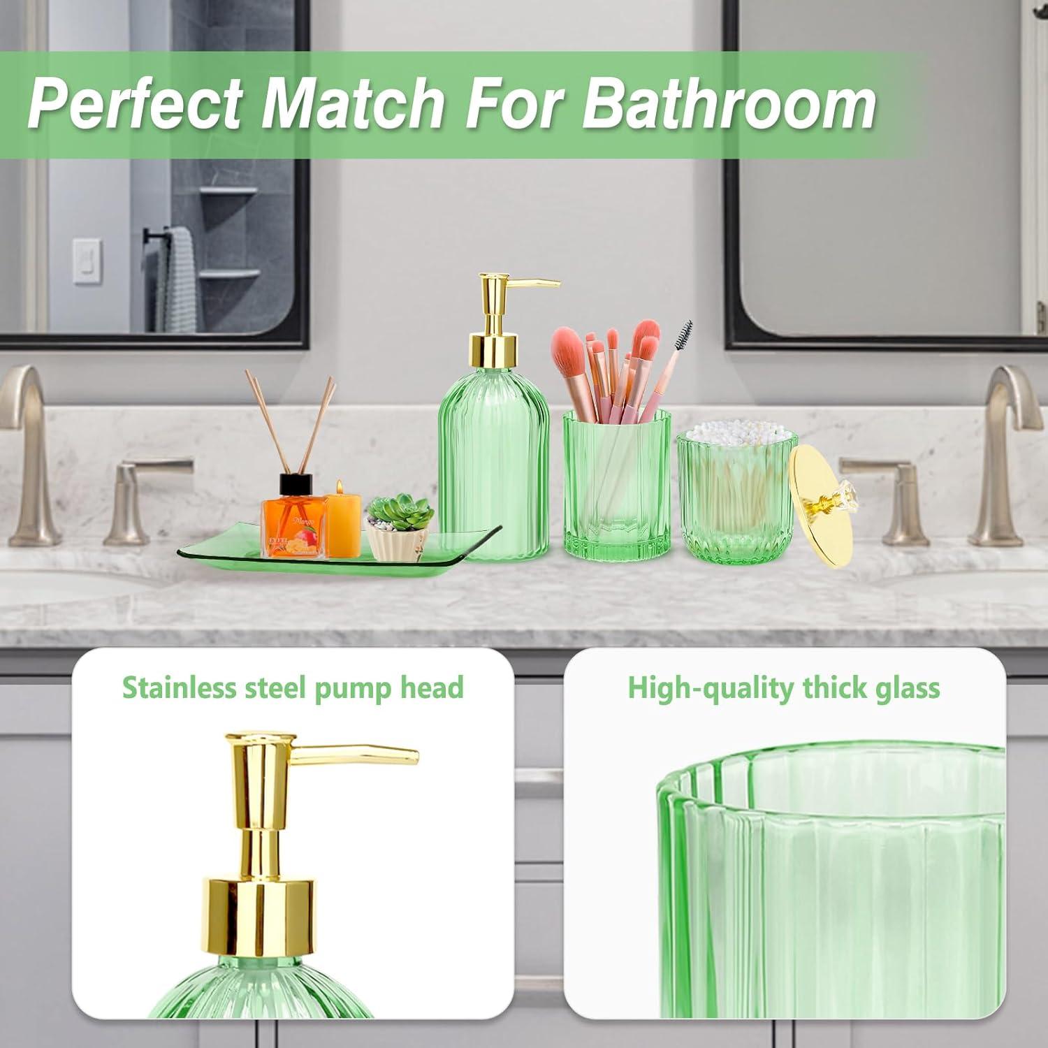 Green Glass Bathroom Accessory Set with Gold Accents