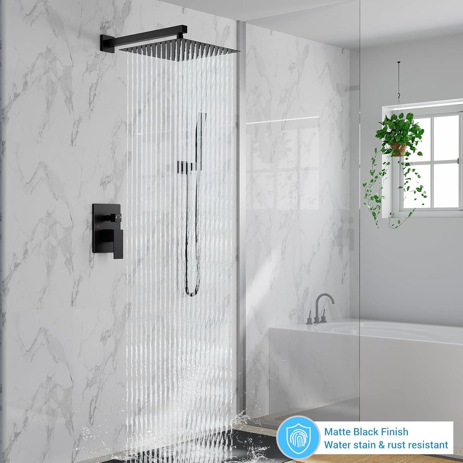 Bathroom Shower Faucet Set, 12 Inch Rainfall Shower Head With Handheld Combo, Wall Mounted Shower System Shower Fixtures With Pressure-Balanced Valve,