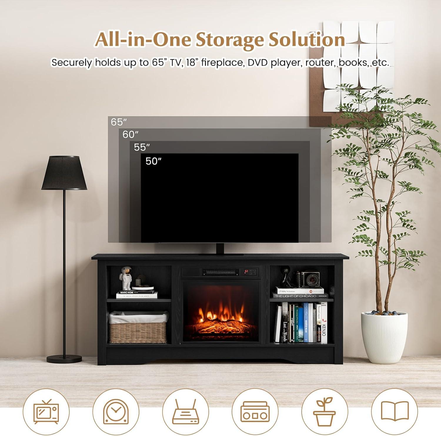 Black MDF TV Stand with Fireplace and Adjustable Shelves