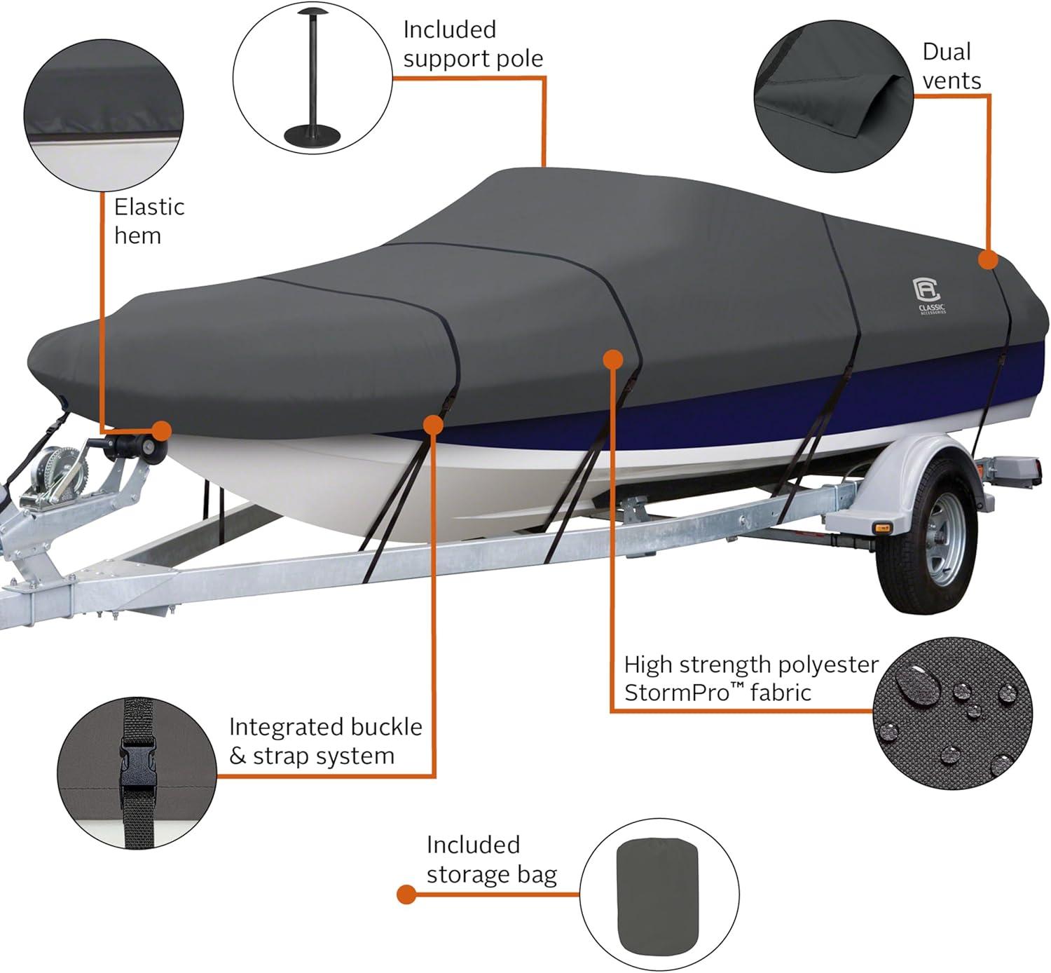Classic Accessories StormPro™ Heavy Duty Boat Cover with Support Pole, Fits Boats 22' - 24' L x 116" W, Trailerable Boat Cover, Model F, Charcoal