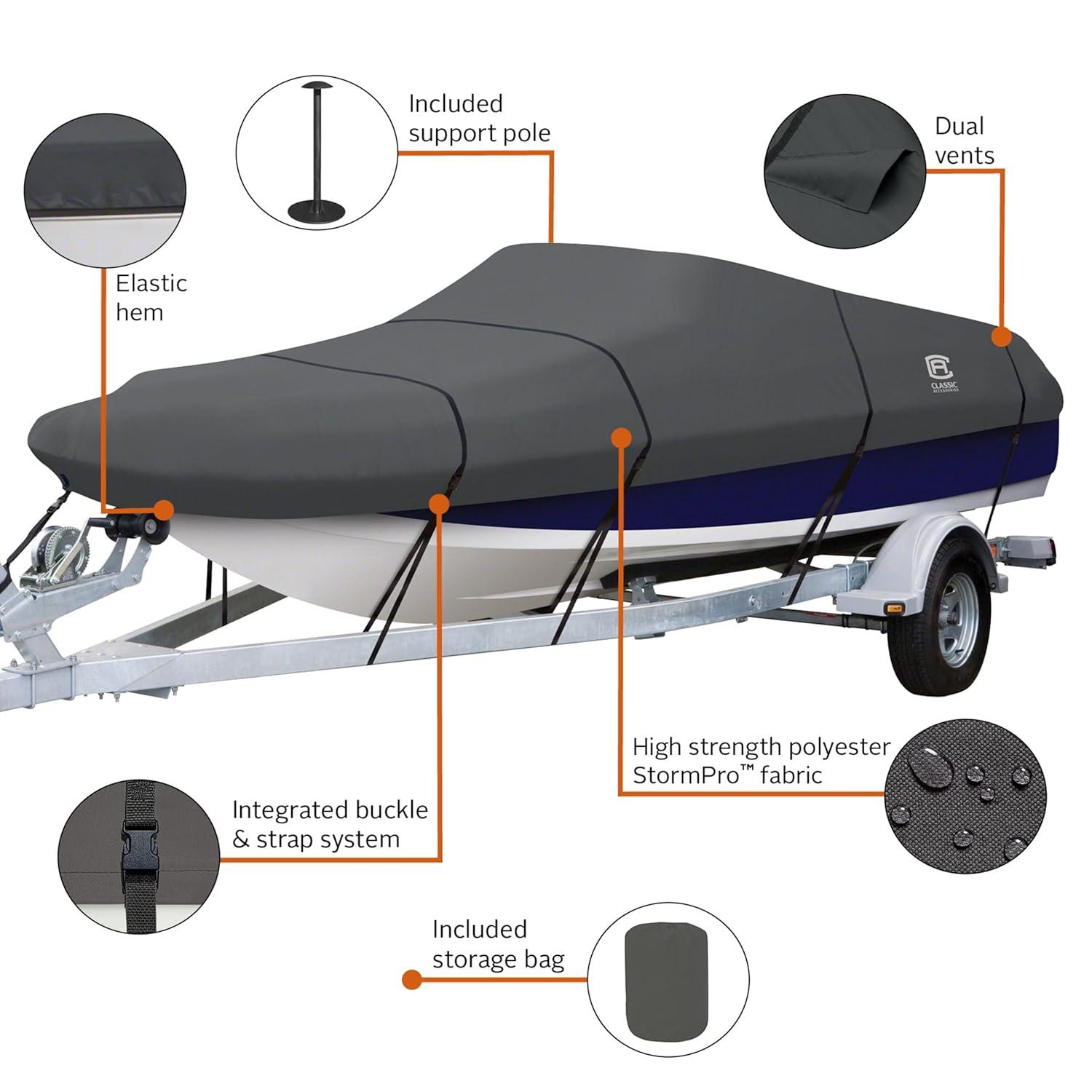 Classic Accessories StormPro™ Heavy Duty Boat Cover with Support Pole, Fits Boats 22' - 24' L x 116" W, Trailerable Boat Cover, Model F, Charcoal
