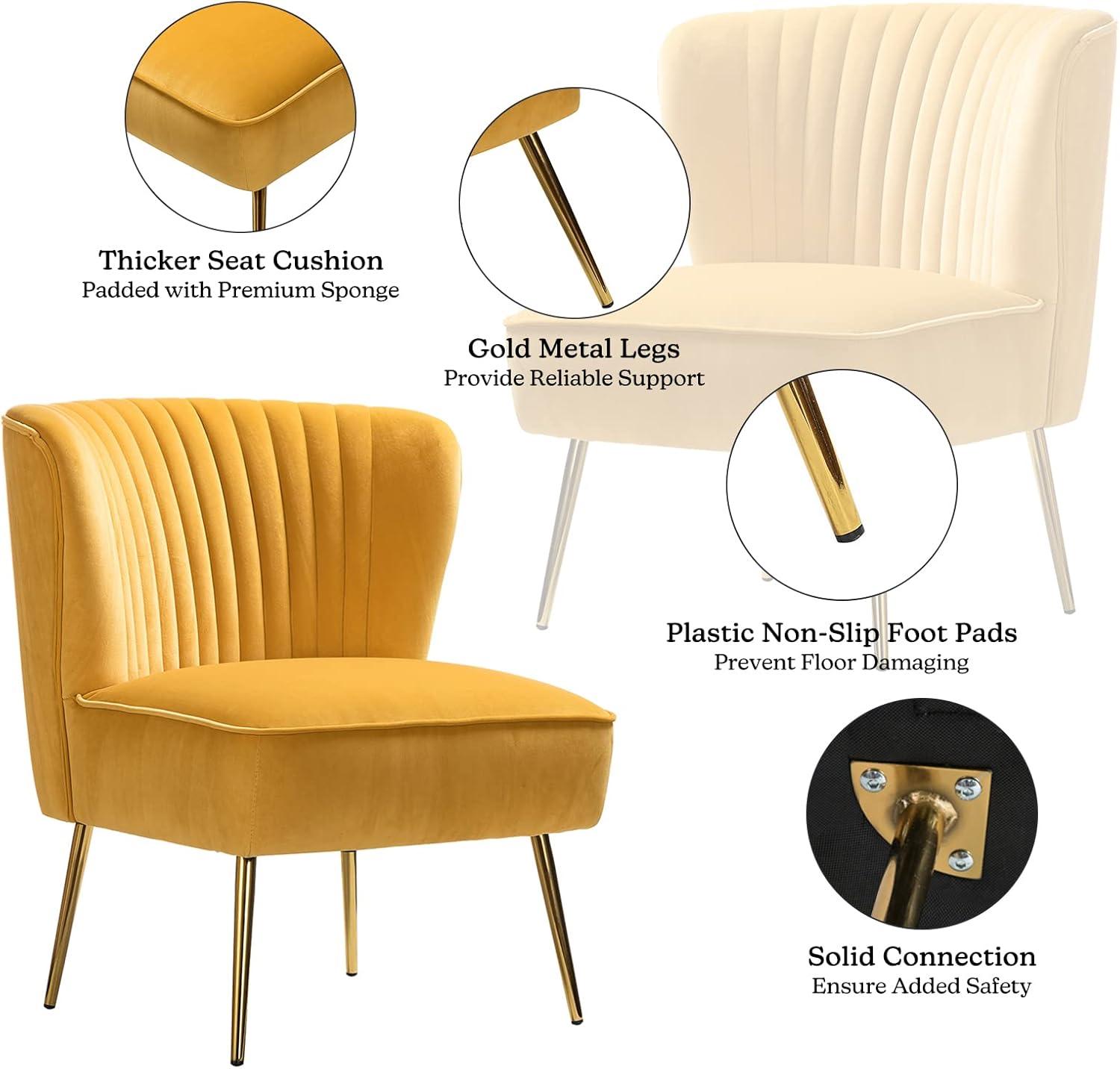 Comfy Velvet Accent Chair Transitional Armless Side Chair Gold Leg Vanity Living Room Adult Mustard