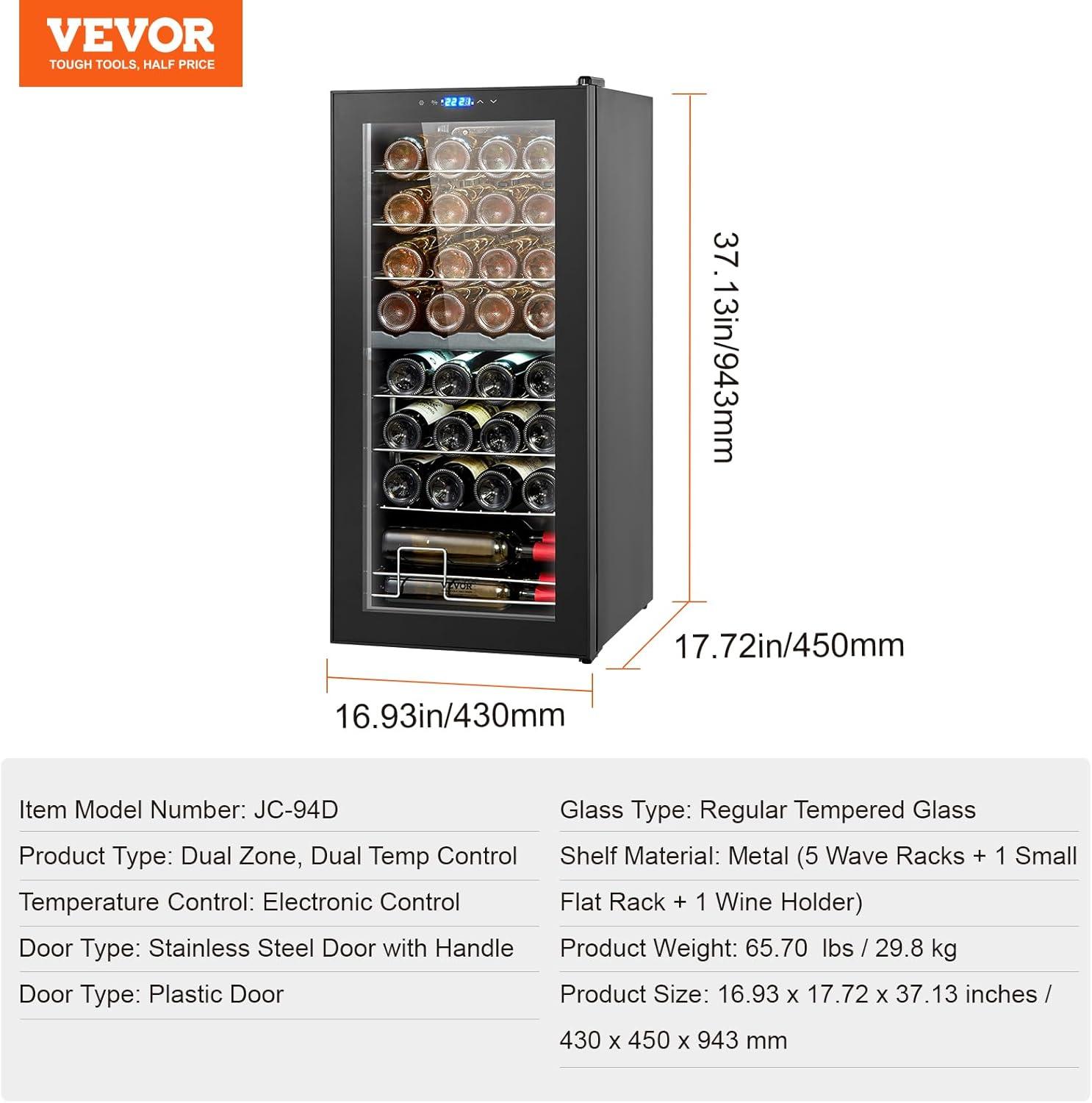 32-Bottle Black Dual Zone Freestanding Wine Cooler with Glass Door