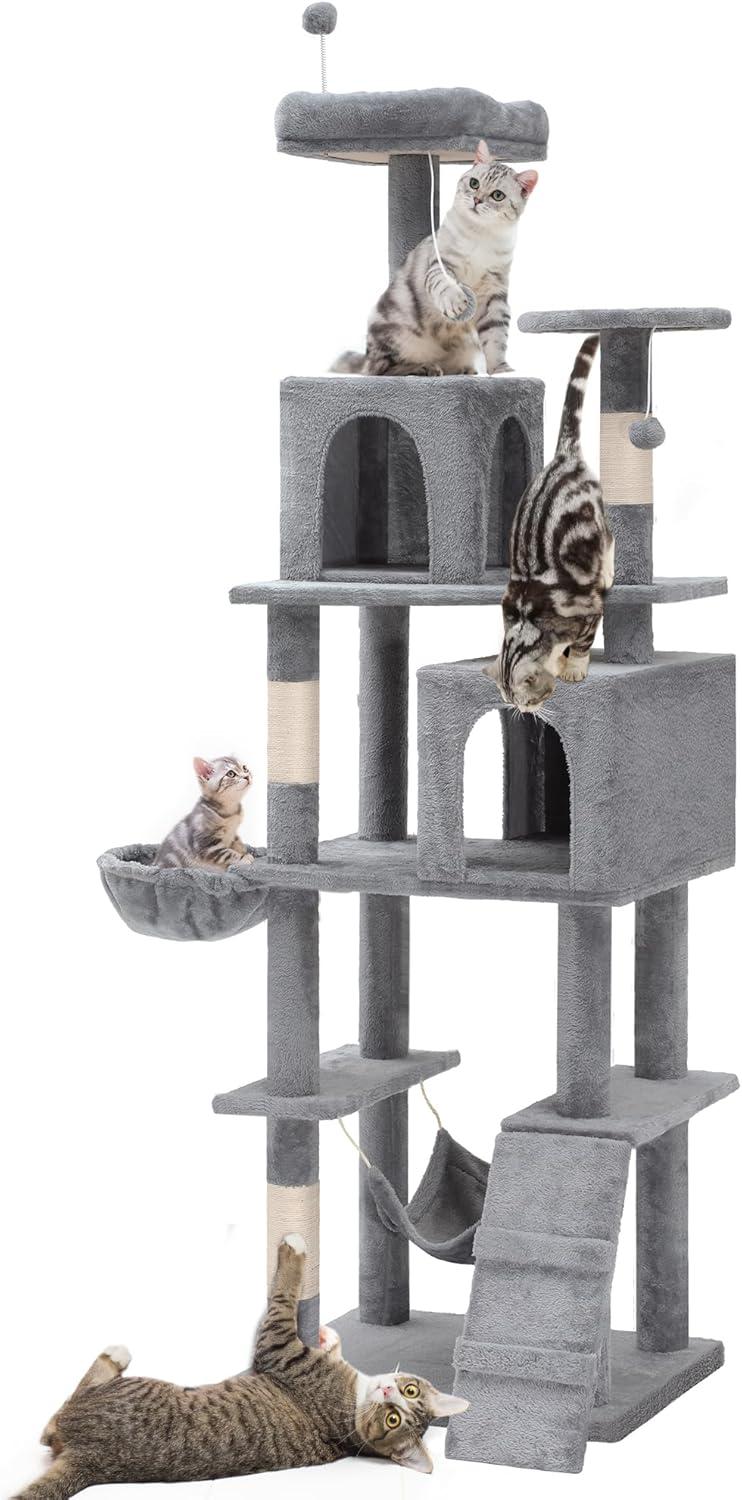 JTAOT 75in Tower Gray Wood Pet House Activity Center Indoor Scratching Posts