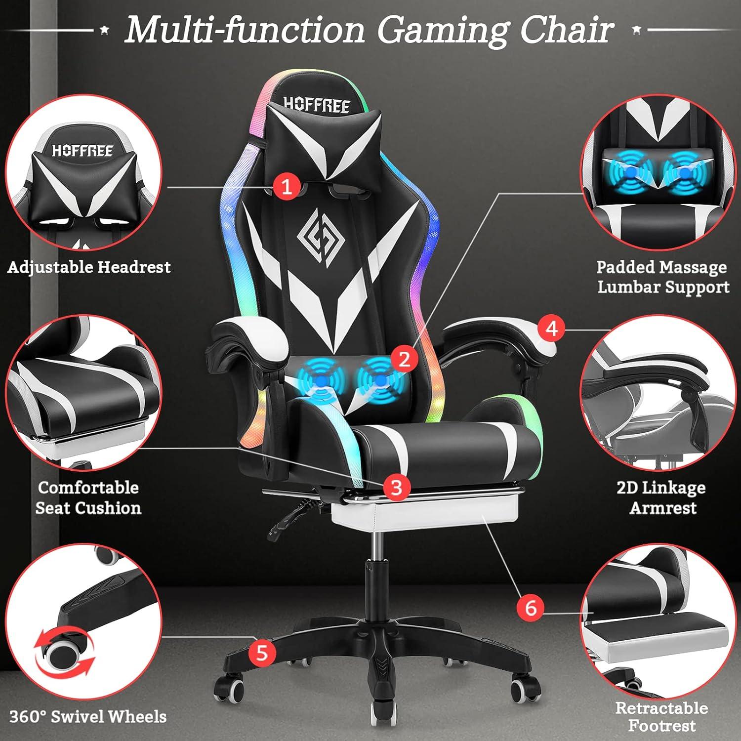 Gaming Chair with Bluetooth Speakers and RGB LED Lights Ergonomic Massage Computer Gaming Chair with Footrest Video Game Chair High Back with Lumbar Support White and Black