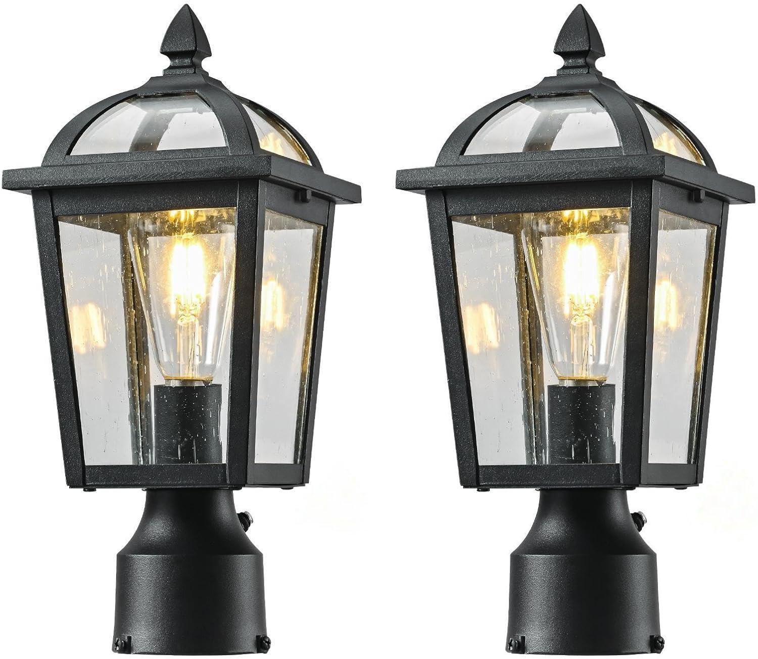 Black Metal Dusk to Dawn Outdoor Post Lights with Clear Glass, 2-Pack