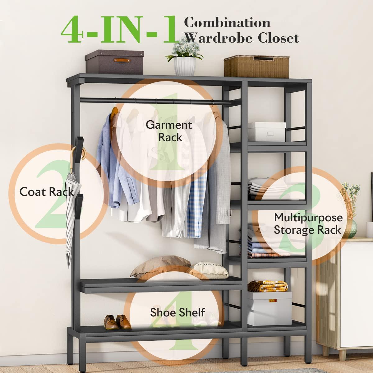HOKEEPER Heavy Duty Extra Large Freestanding Closet Organizer With Coat Rack - Metal Wardrobe for Hanging Clothes, Storage Shelves, and Garment Rack for Bedroom
