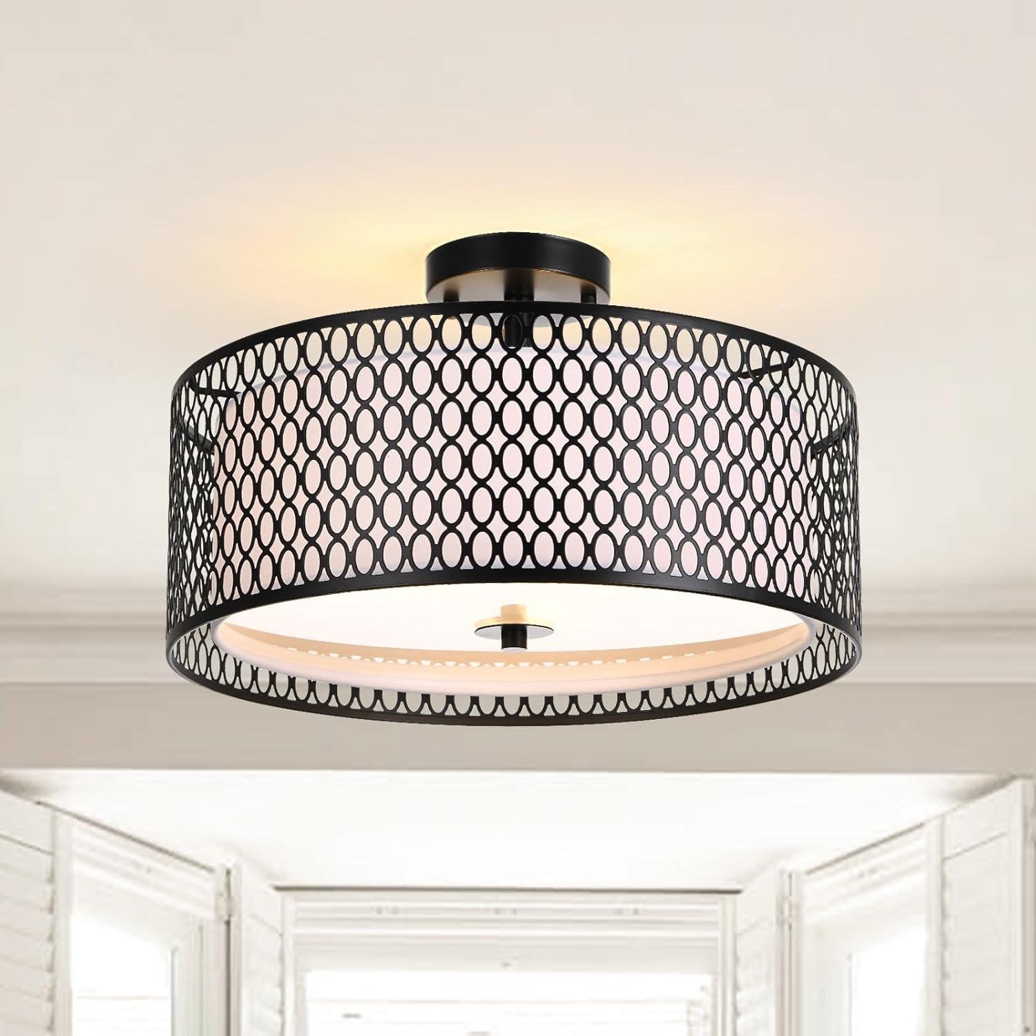 Modern Black Crystal Drum Semi-Flush Mount Ceiling Light