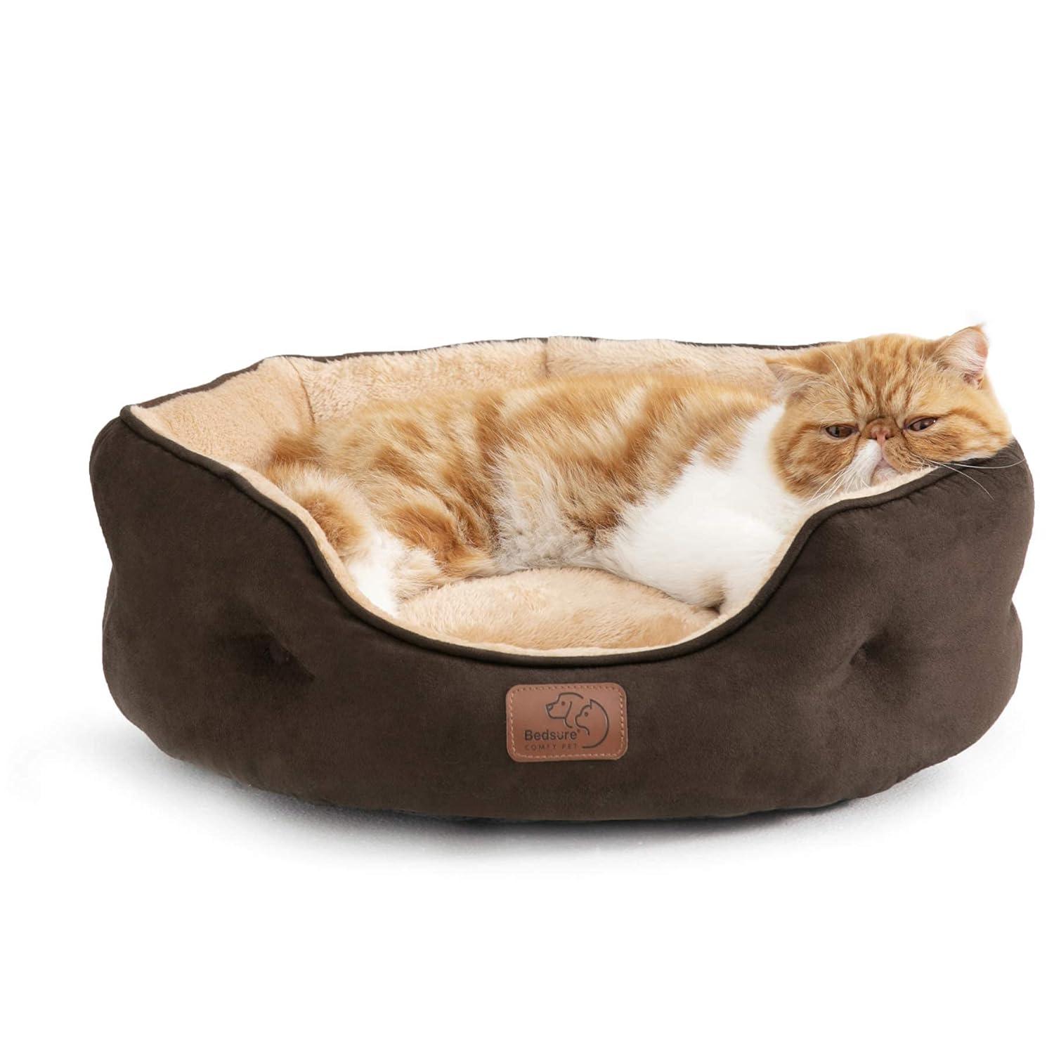 Bedsure Dog Beds for Small Dogs - Round Cat Beds for Indoor Cats, Washable Pet Bed for Puppy and Kitten with Slip-Resistant Bottom, 20 Inches, Brown