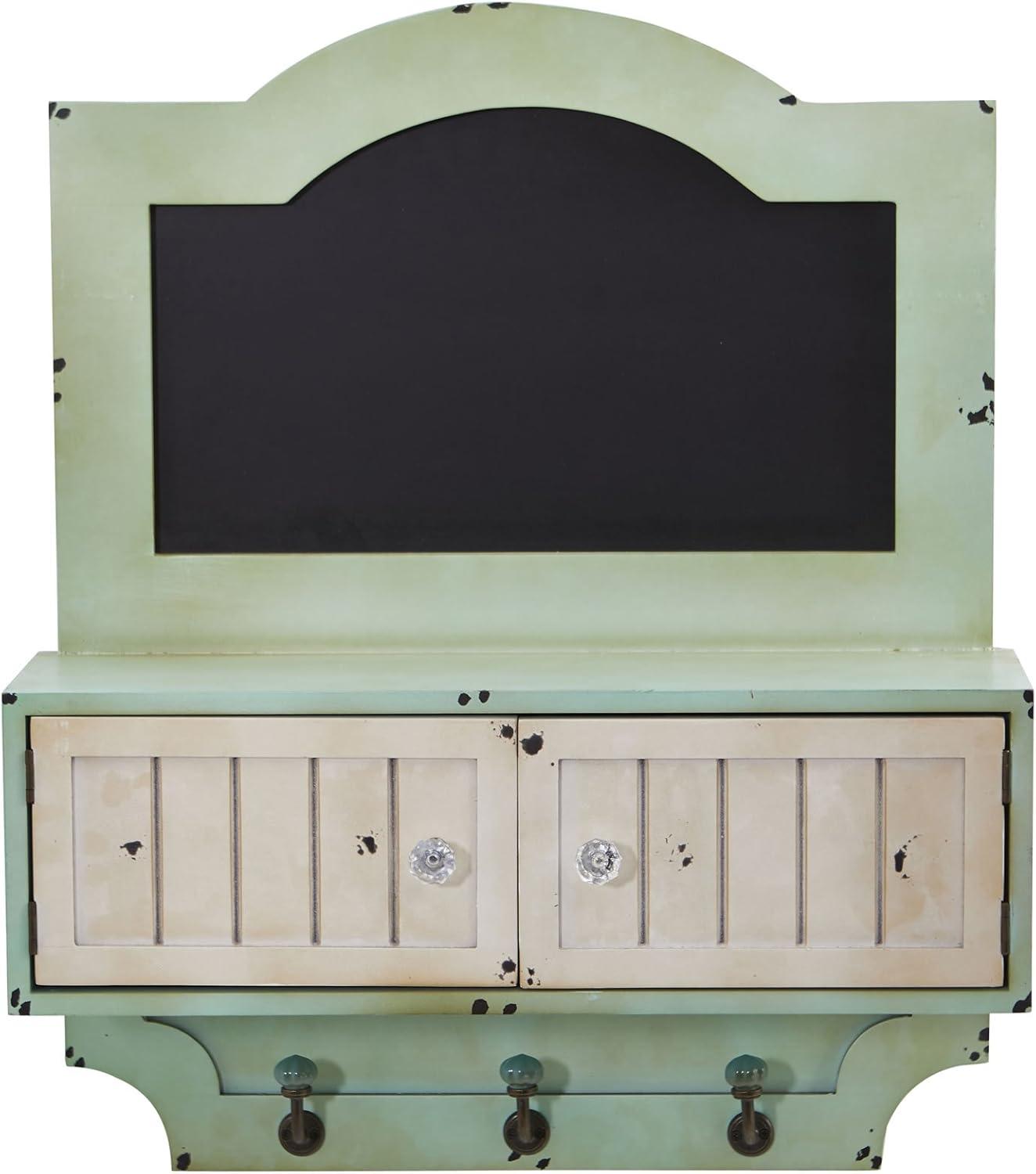 Vintage Light Green Chalkboard Wall Organizer with Hooks and Doors