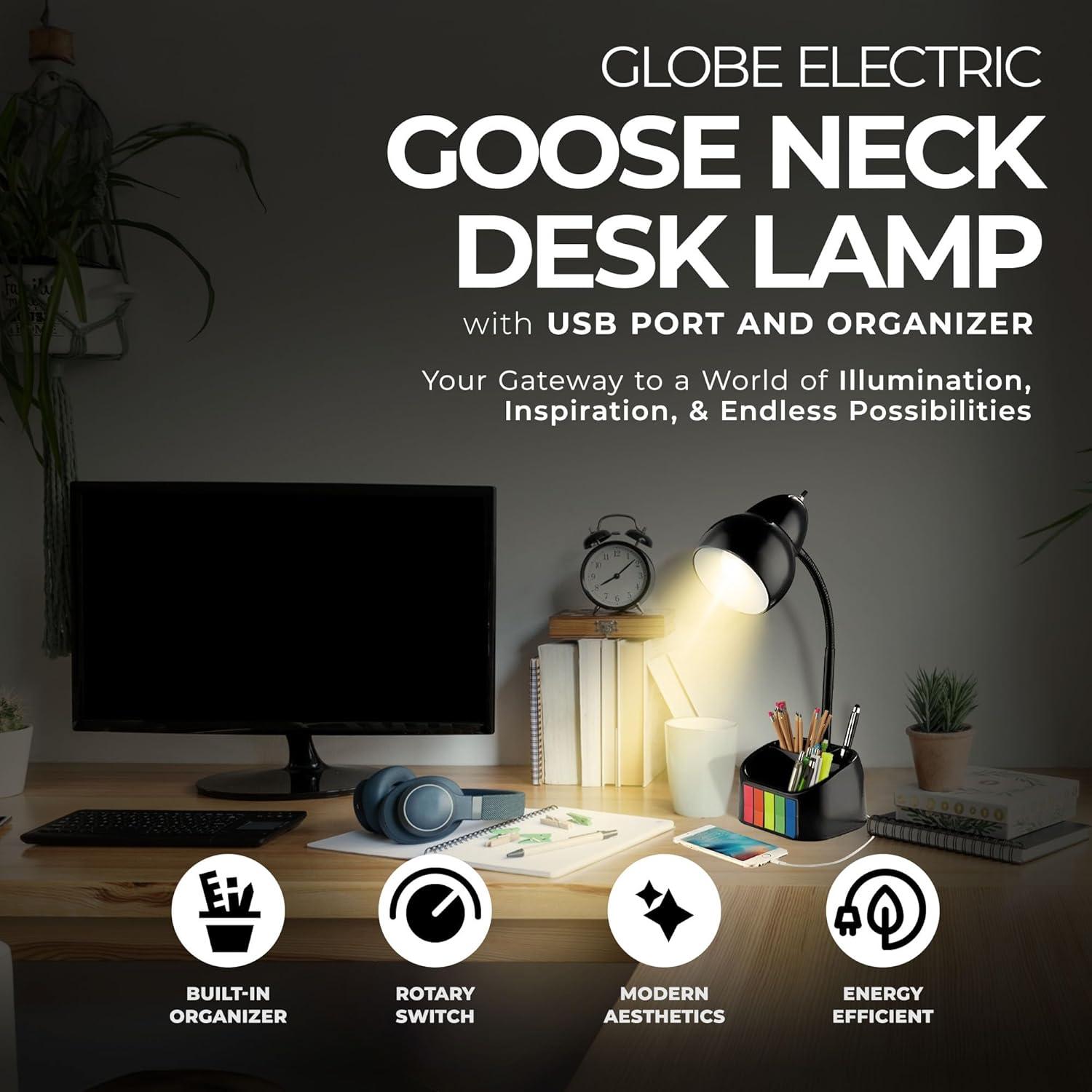 Globe Electric 6.3 x 6.69 x 10.63 Inches Goose Neck Desk Lamp with 10 Watt A-19 Non Dimmable LED Bulb, 2.1a USB Port and Organizer, Black
