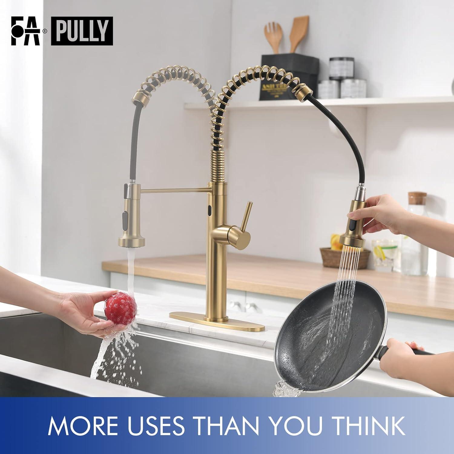 Fapully Touchless Kitchen Faucet with Pull Down Sprayer, Brushed Gold Motion Sensor Smart Commercial Single Handle Single Hole Faucet for Kitchen Sink