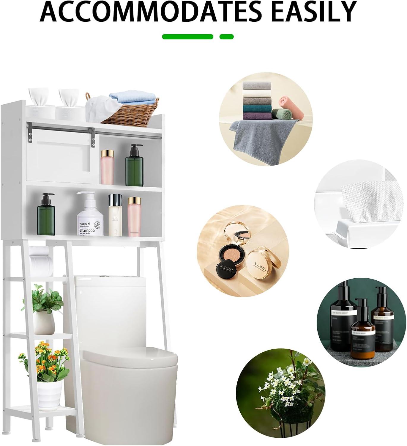 Over The Toilet Storage, Wooden 3-Tier Over-The-Toilet Rack Bathroom Space Saver Organizer, Freestanding Above Toilet Stand with Toilet Paper Holder and Towel Hook(White)