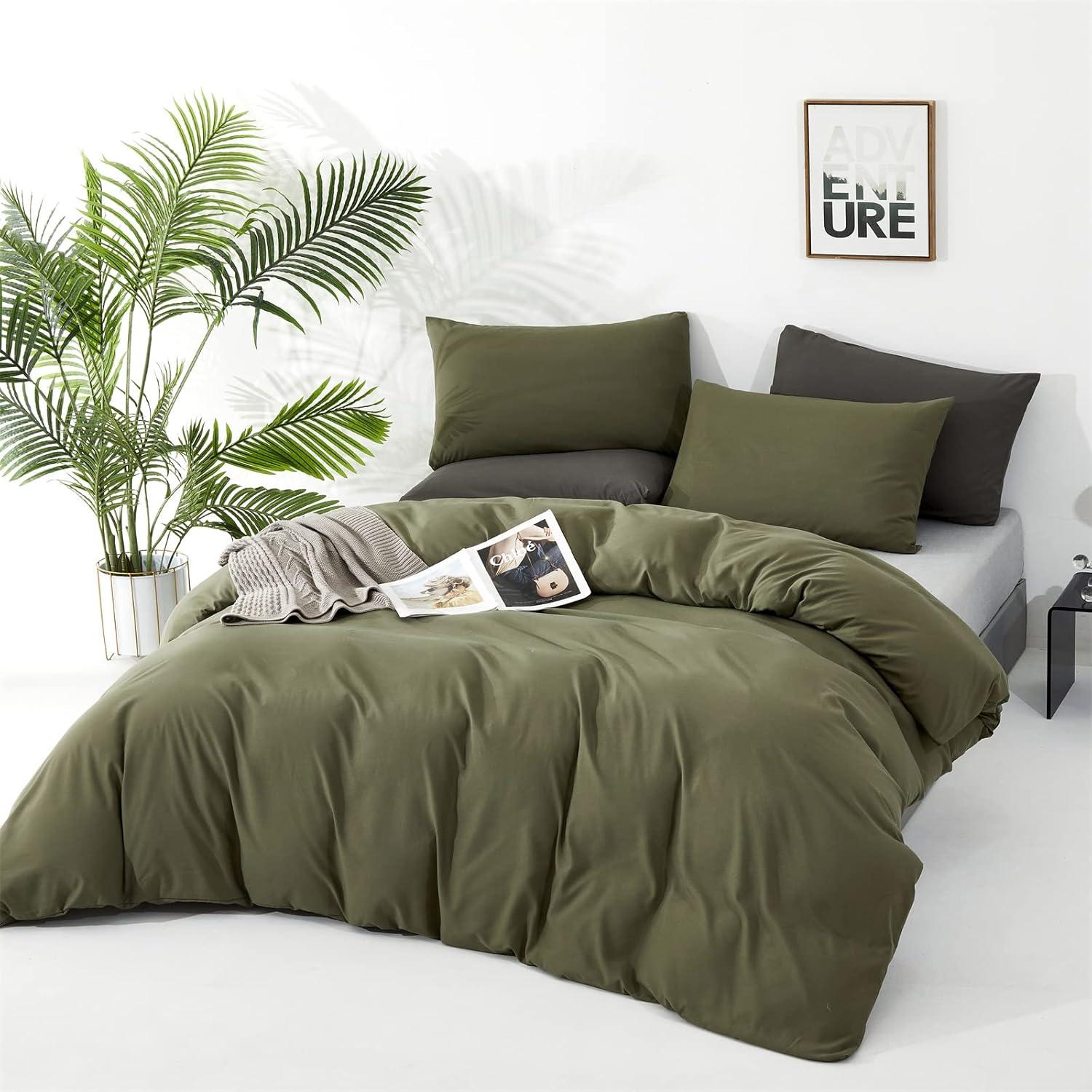 3 Piece 100% Washed Cotton Army Green Duvet Cover Set Luxury Soft and Breatheable Bedding Set with Zipper Closure,Queen Size