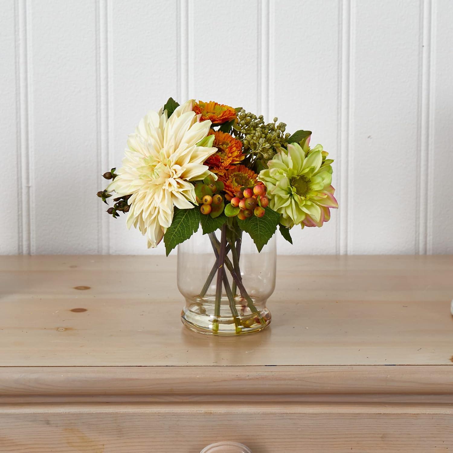 Nearly Natural 10.5-in Mixed Dahlia and Mum with Glass Vase