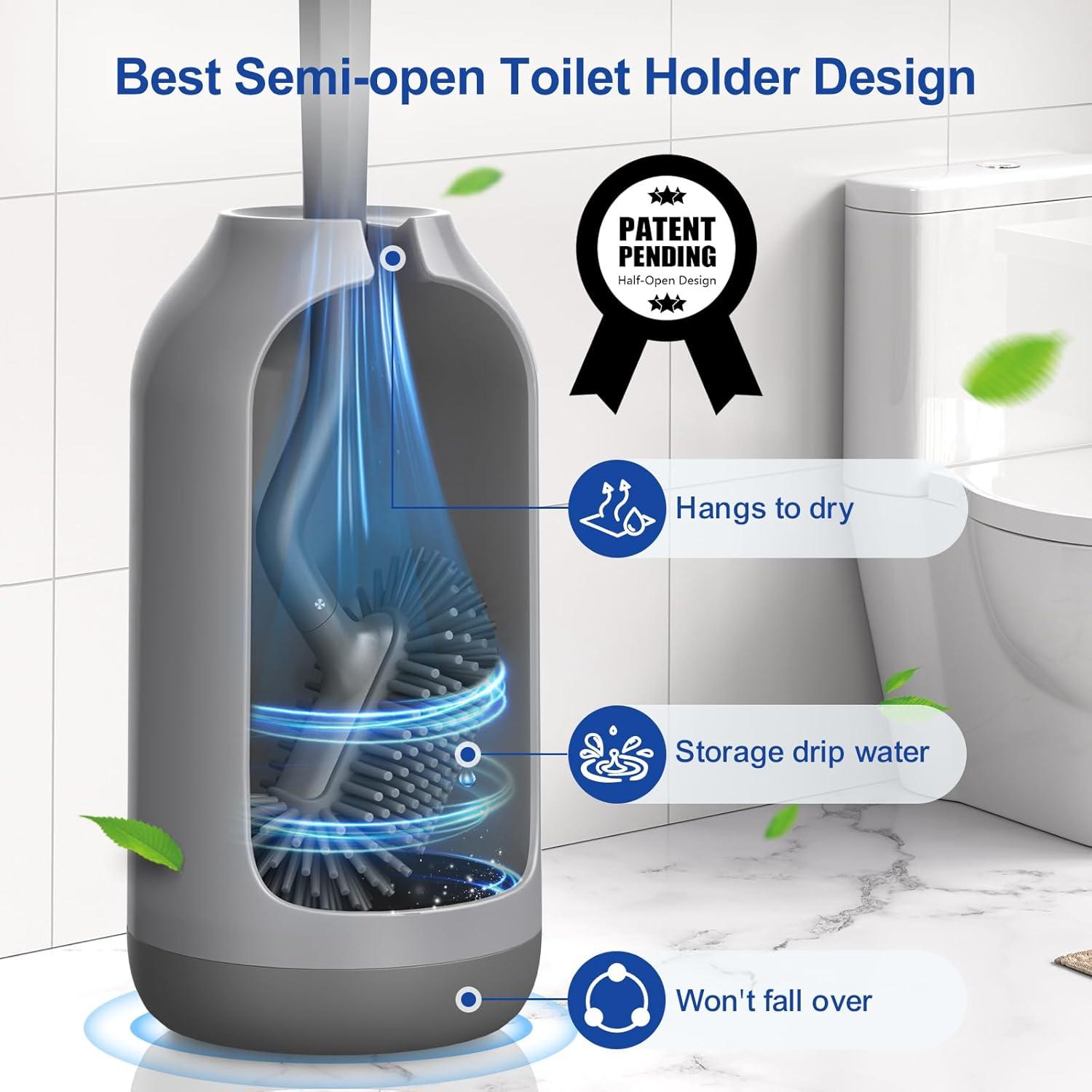 Toilet Bowl Brush Holder Set: Bathroom Deep Cleaning Toilet Cleaner Scrubber Under Rim with Curved Bristle for Dead Corner Clean - Hidden Rv Toilet Decorative Accessories with Caddy- Gray