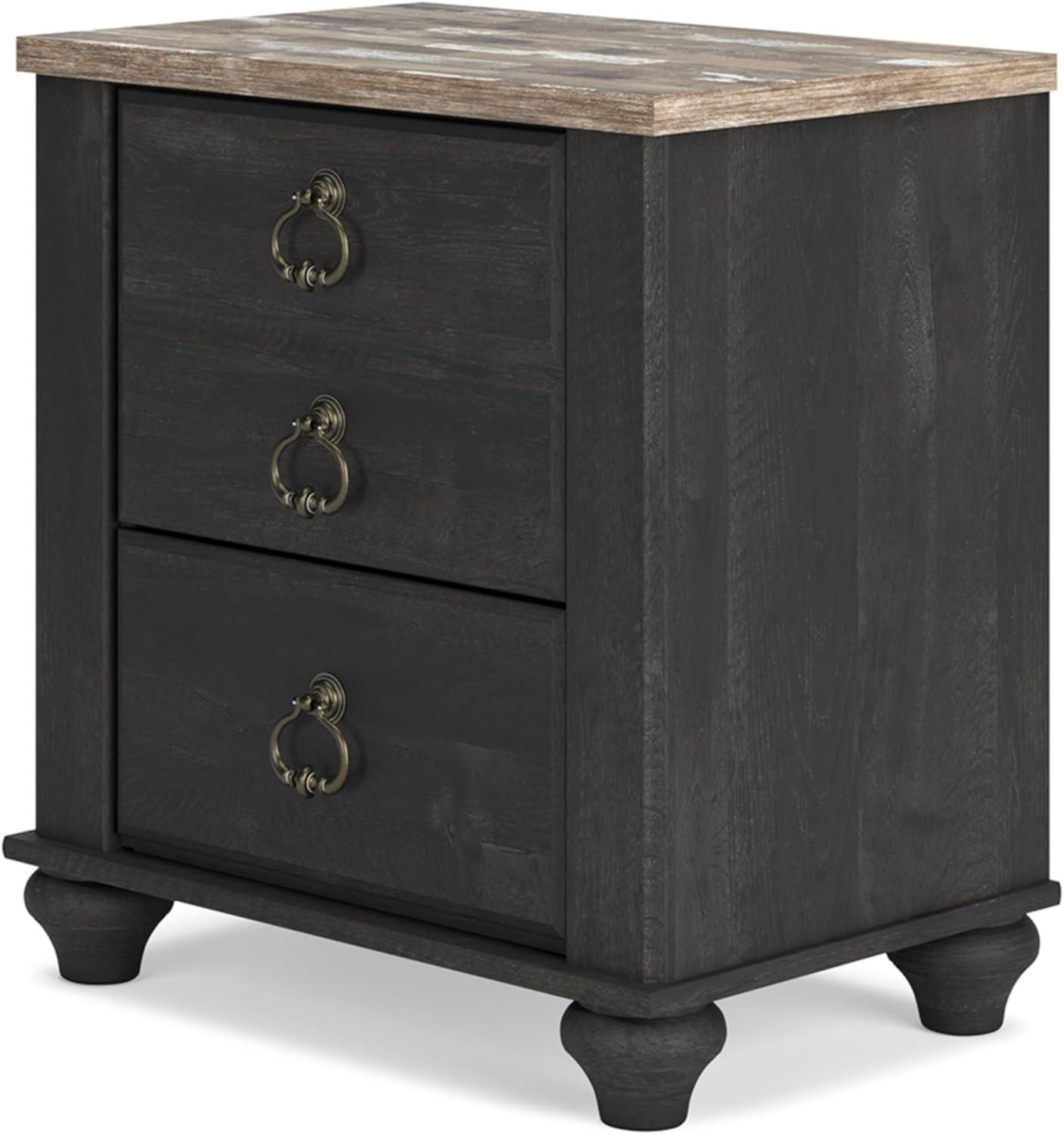 Beige and Black 2-Drawer Nightstand with USB Ports