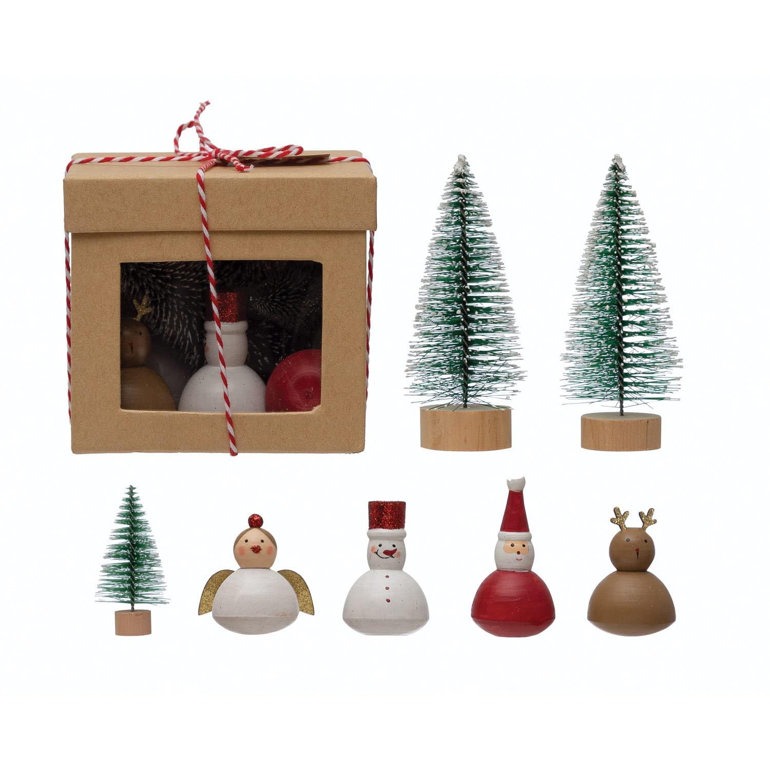 Creative Co-Op Christmas Garden Kit with Hand-Painted Wood Figures and Bottle Brush Trees, Multicolor