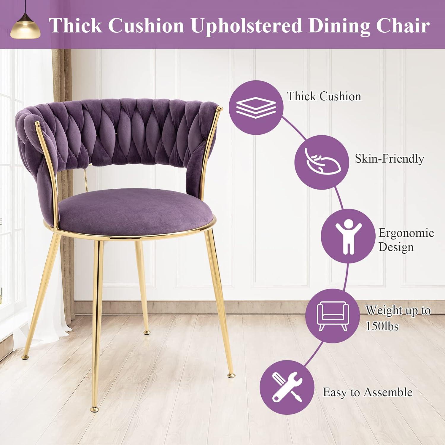 Dining Chair Set of 2, Velvet Woven Upholstered Dining Chair with Gold Metal Legs, Dining Chairs Kitchen Chairs for Dining Room, Kitchen, Vanity, Living Room, Purple