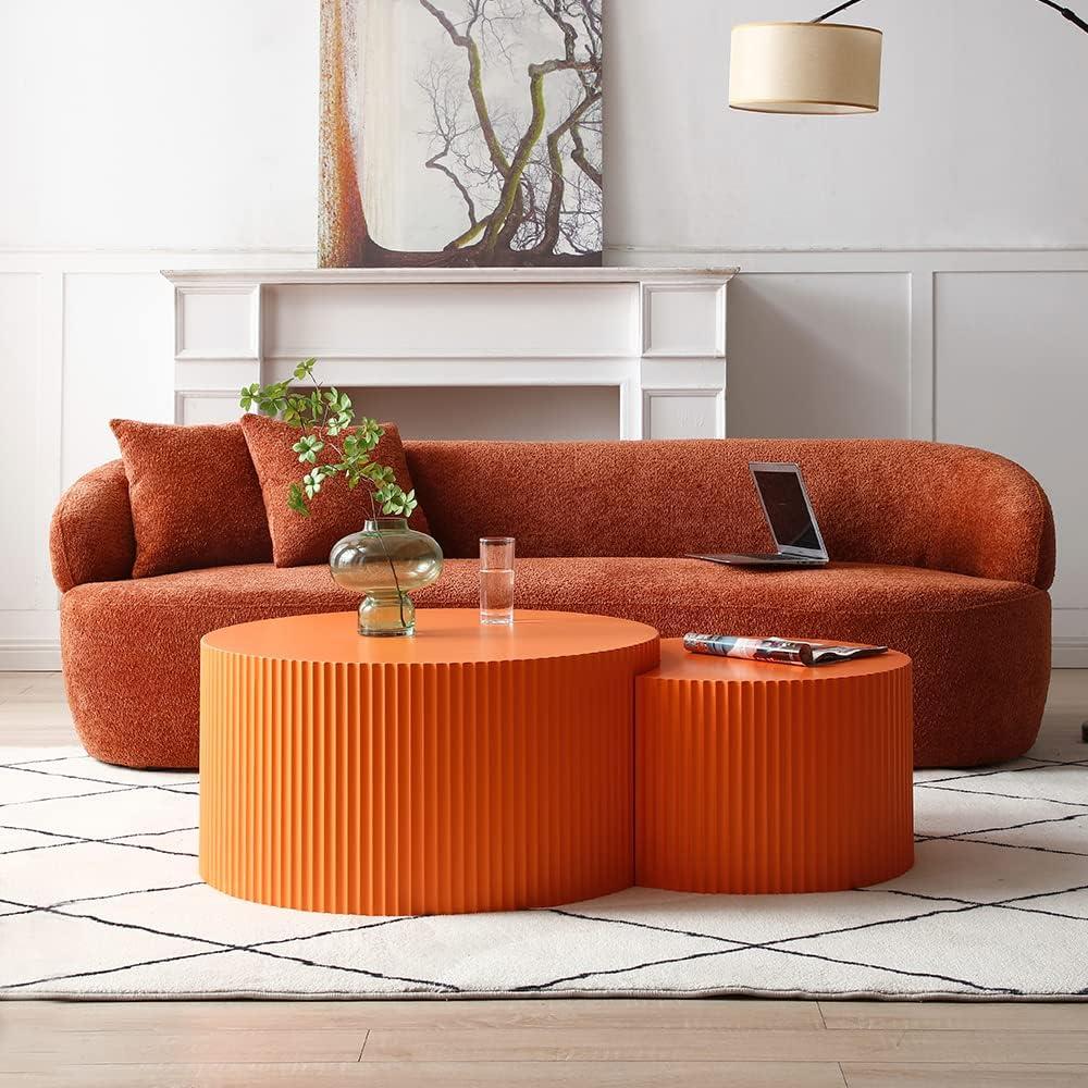 WILLIAMSPACE Nesting Coffee Table Set of 2, Matte Orange Round Wooden Coffee Tables, Modern Luxury Side Tables Accent End Table for Living Room Apartment, 23.62"*23.62"*15.75"H (Orange,Round)