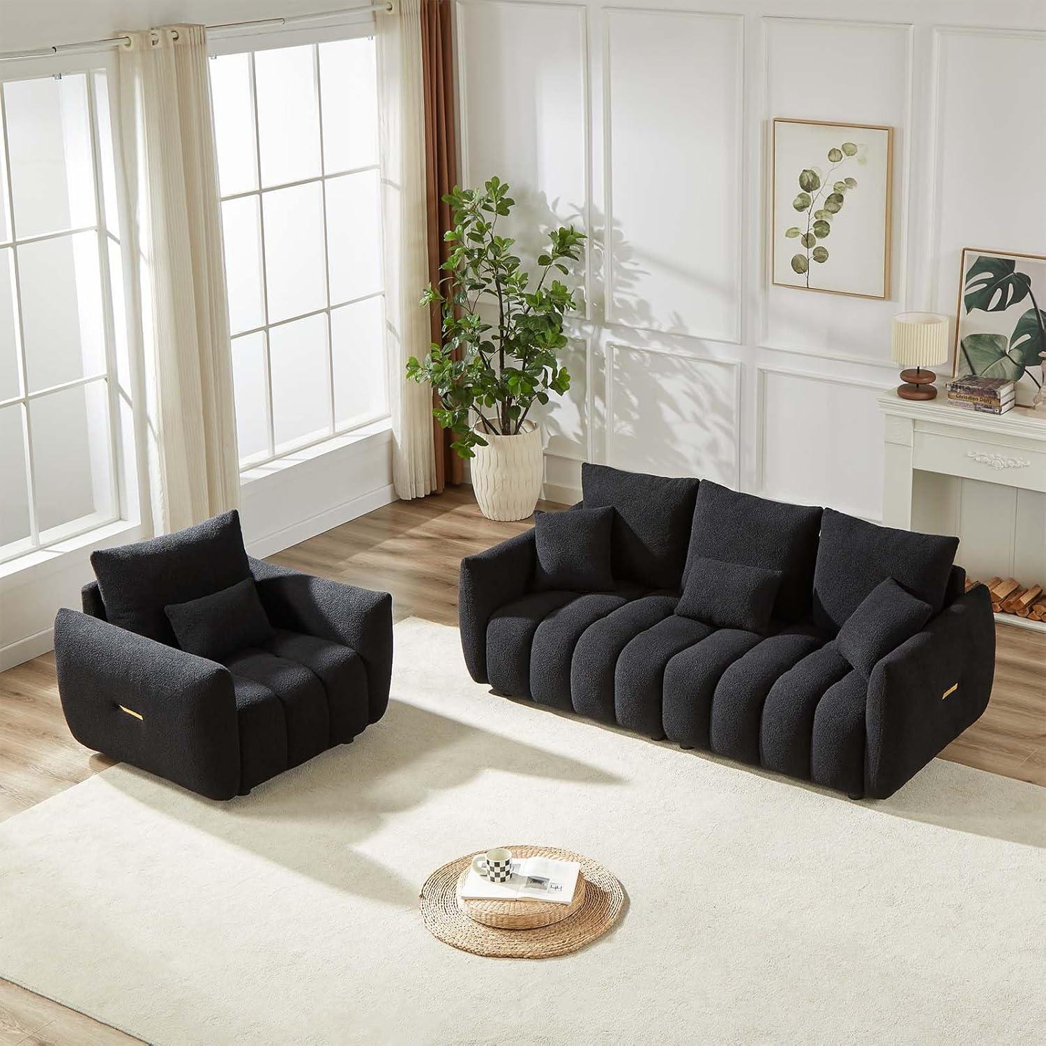 82'' Black Velvet Upholstered Modern Sofa with Pillows