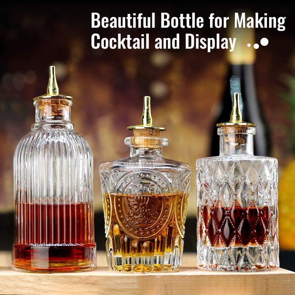 LINALL Bitters Bottle Set - Glass Vintage Bottle, Decorative Bottles with Dash Top, Dasher Bottles for Making Cocktail Great For Bartender Home Bar (3 pack)