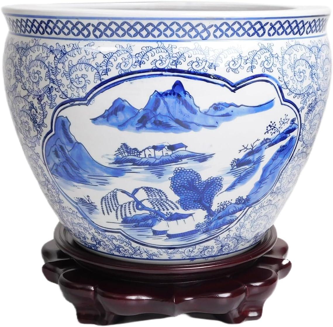 Blue and White Porcelain Garden Pots Painted Landscape (10" W x 8" H | Inside Rim 8" | Base 6.5")