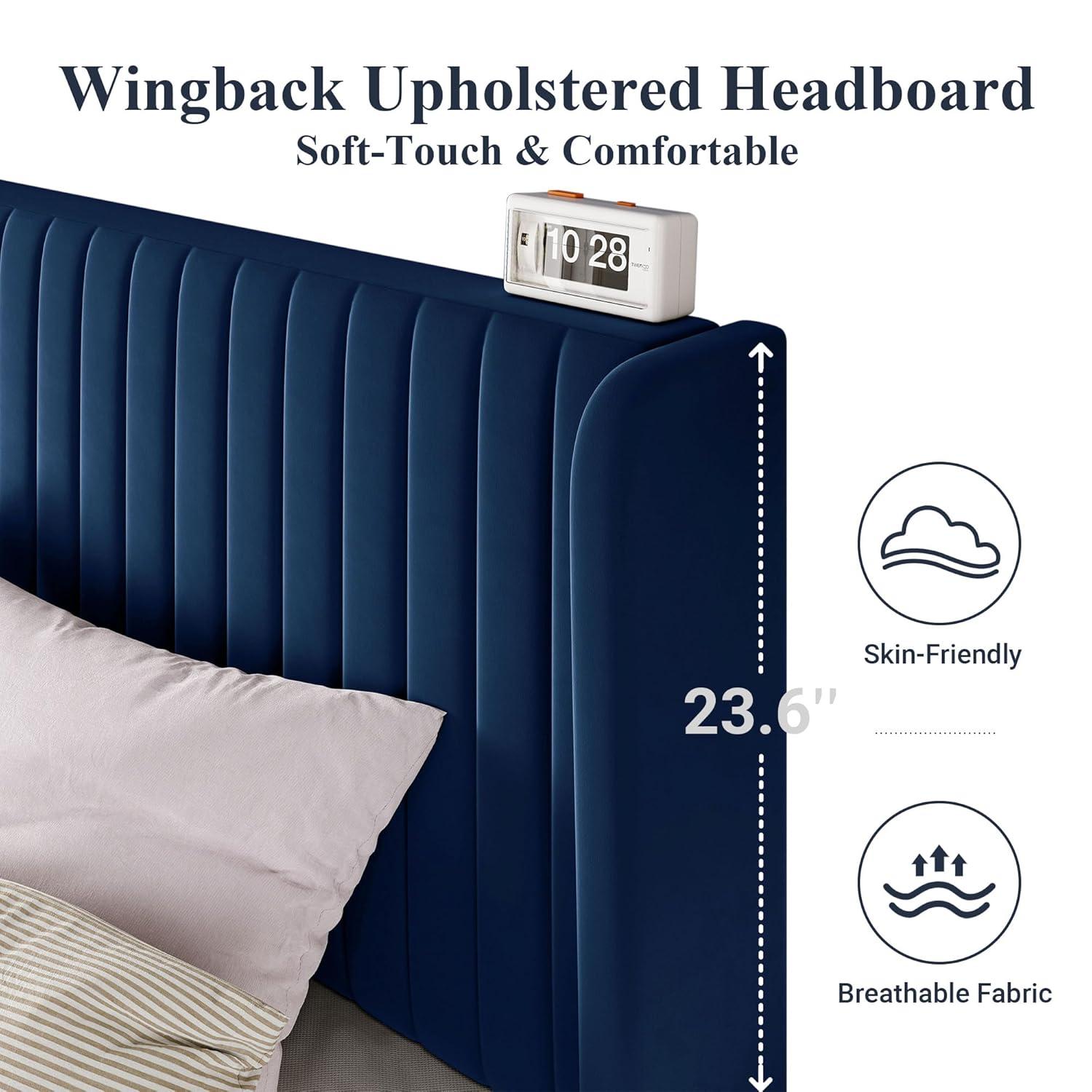 Candler Velvet Upholstered Platform Bed with Wingback Headboard and Wooden Slats