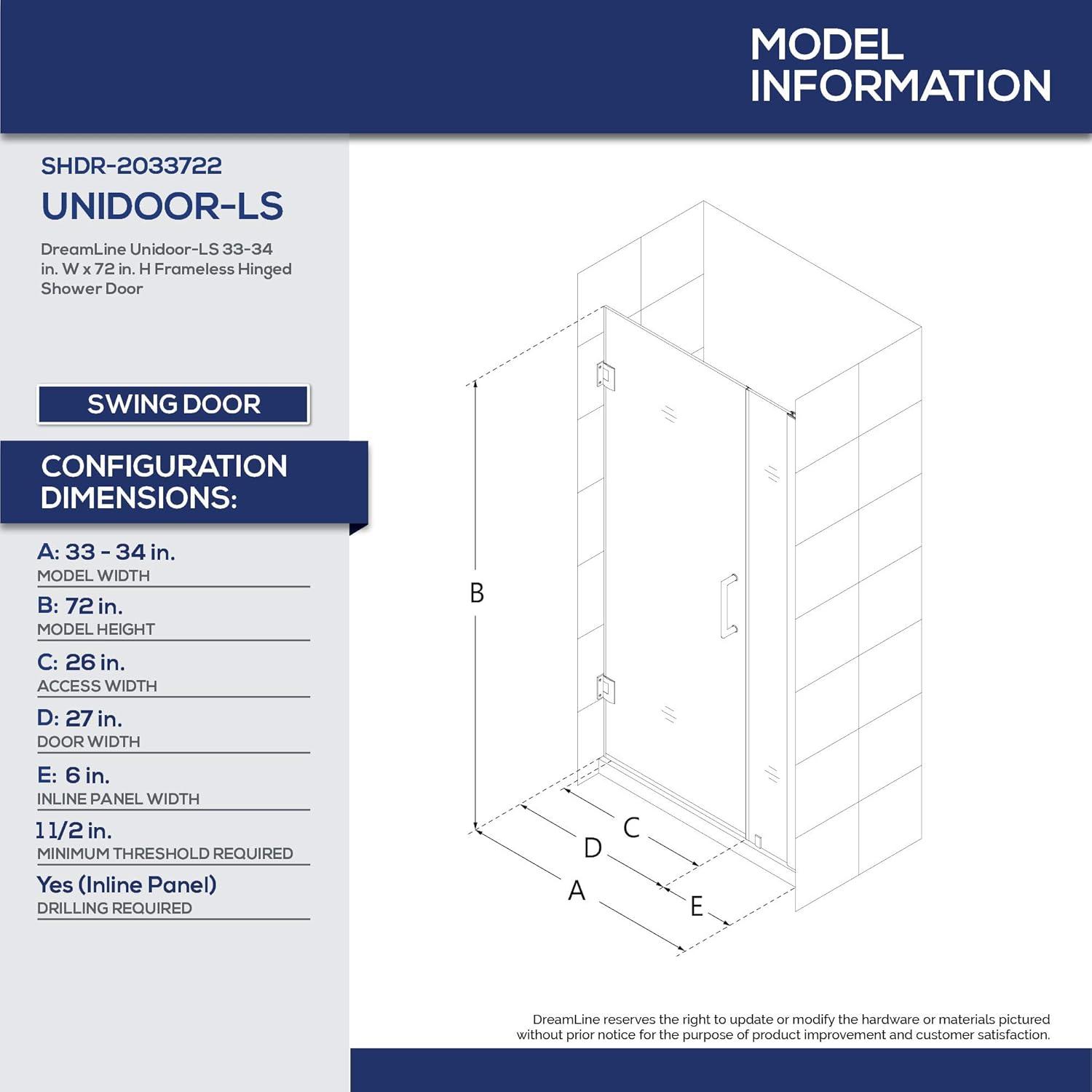 DreamLine Unidoor-LS 33-34 in. W x 72 in. H Frameless Hinged Shower Door in Satin Black