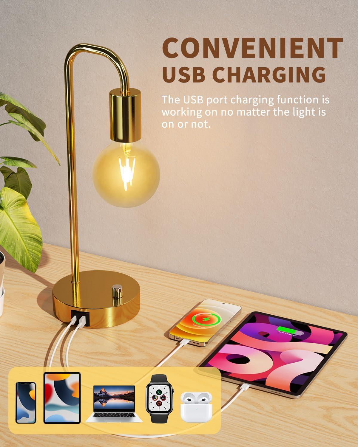 【Upgraded】Set of 2 Industrial Table Lamps with 2 USB Port, Fully Stepless Dimmable Bedside Lamps for Bedroom, Nightstand Desk Lamps with Glass Shade for Bedroom Living Room Office 2 LED Bulb Included