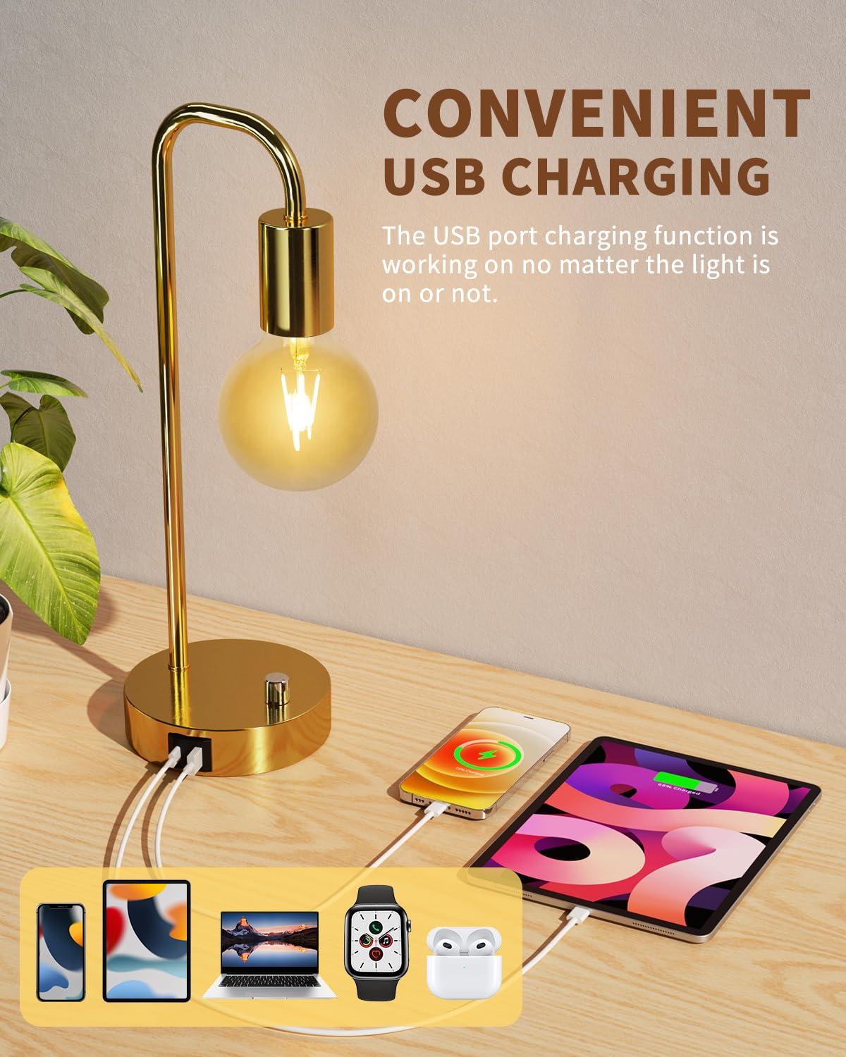 【Upgraded】Set of 2 Industrial Table Lamps with 2 USB Port, Fully Stepless Dimmable Bedside Lamps for Bedroom, Nightstand Desk Lamps with Glass Shade for Bedroom Living Room Office 2 LED Bulb Included