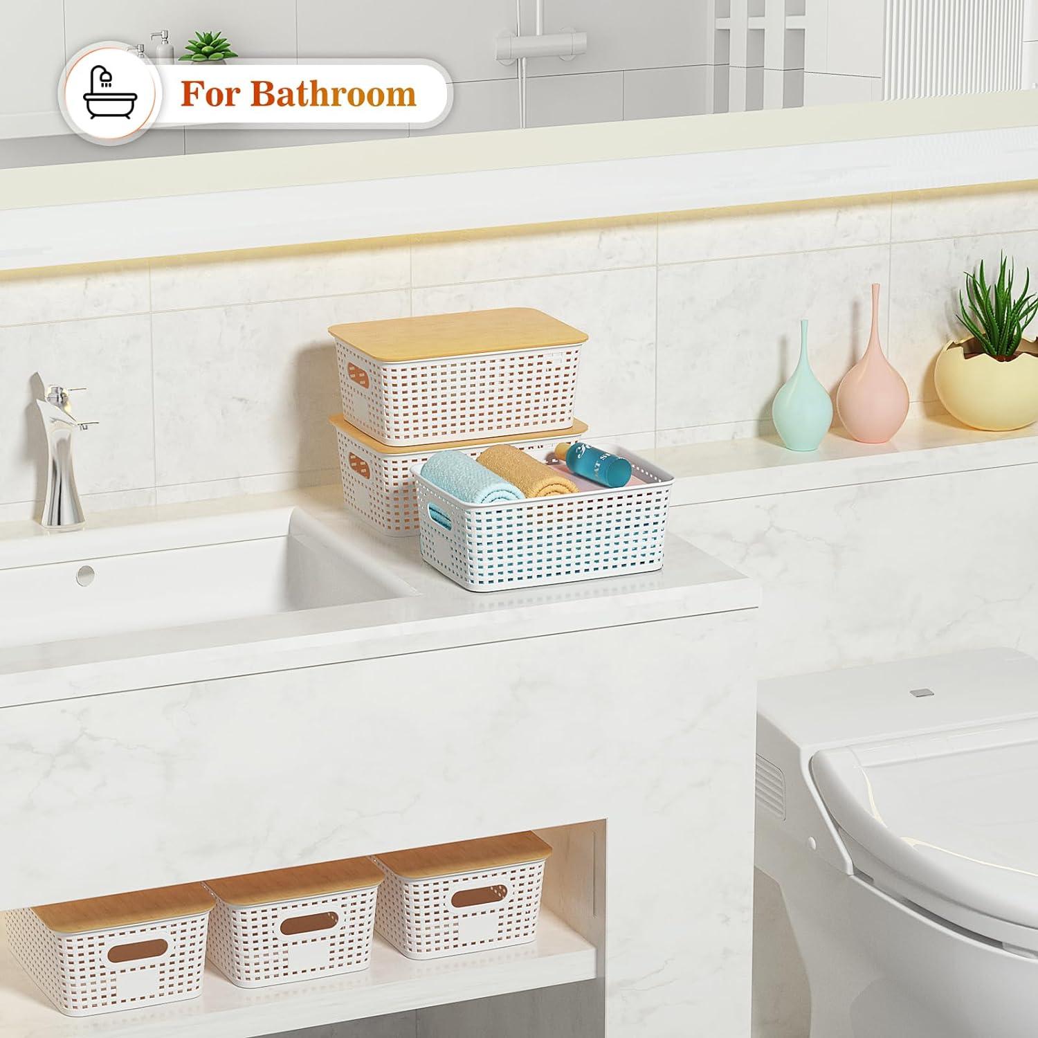 Plastic Storage Baskets With Bamboo Lid - Plastic Storage Containers Stackable Storage bins: Storage Baskets for Organizing Shelves Drawers Desktop Closet Playroom Classroom Office, 6 Pack