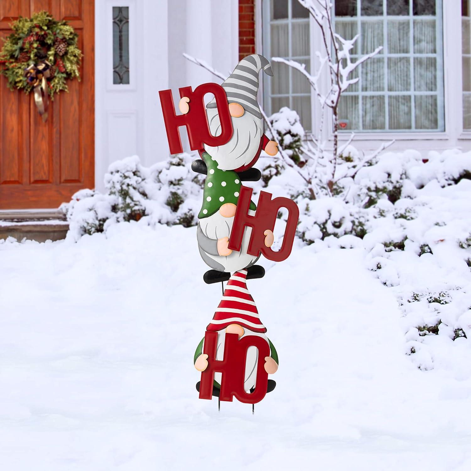 Festive Metal Gnome Yard Stakes with HOHOHO Letters