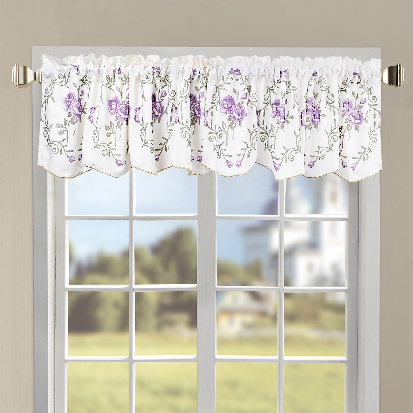 Lilac Floral Embroidered Scalloped Window Valance