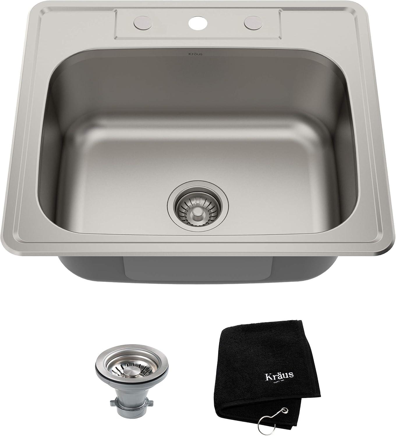 KRAUS 25 inch L Topmount Single Bowl 18 Gauge Stainless Steel Kitchen Sink with NoiseDefend Soundproofing