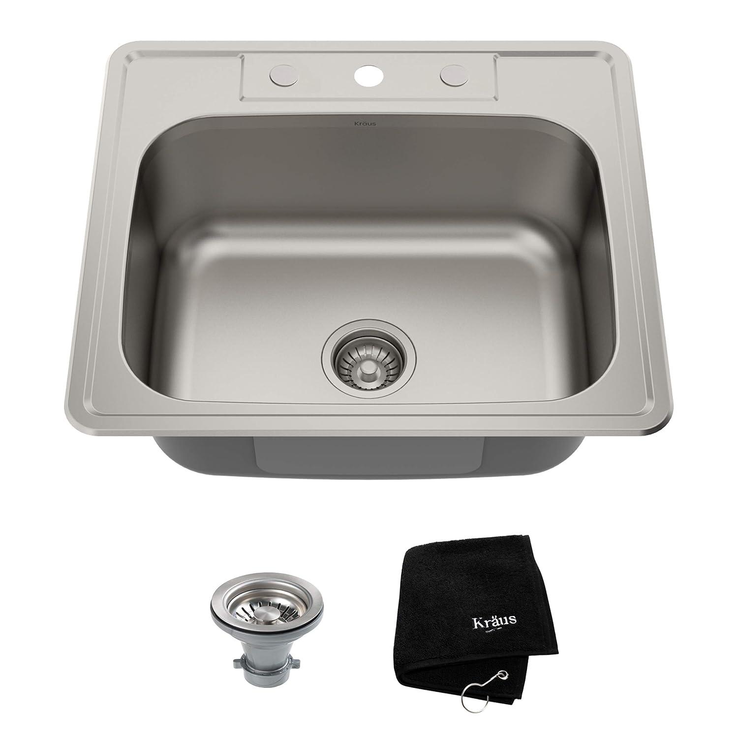 KRAUS 25 inch L Topmount Single Bowl 18 Gauge Stainless Steel Kitchen Sink with NoiseDefend Soundproofing