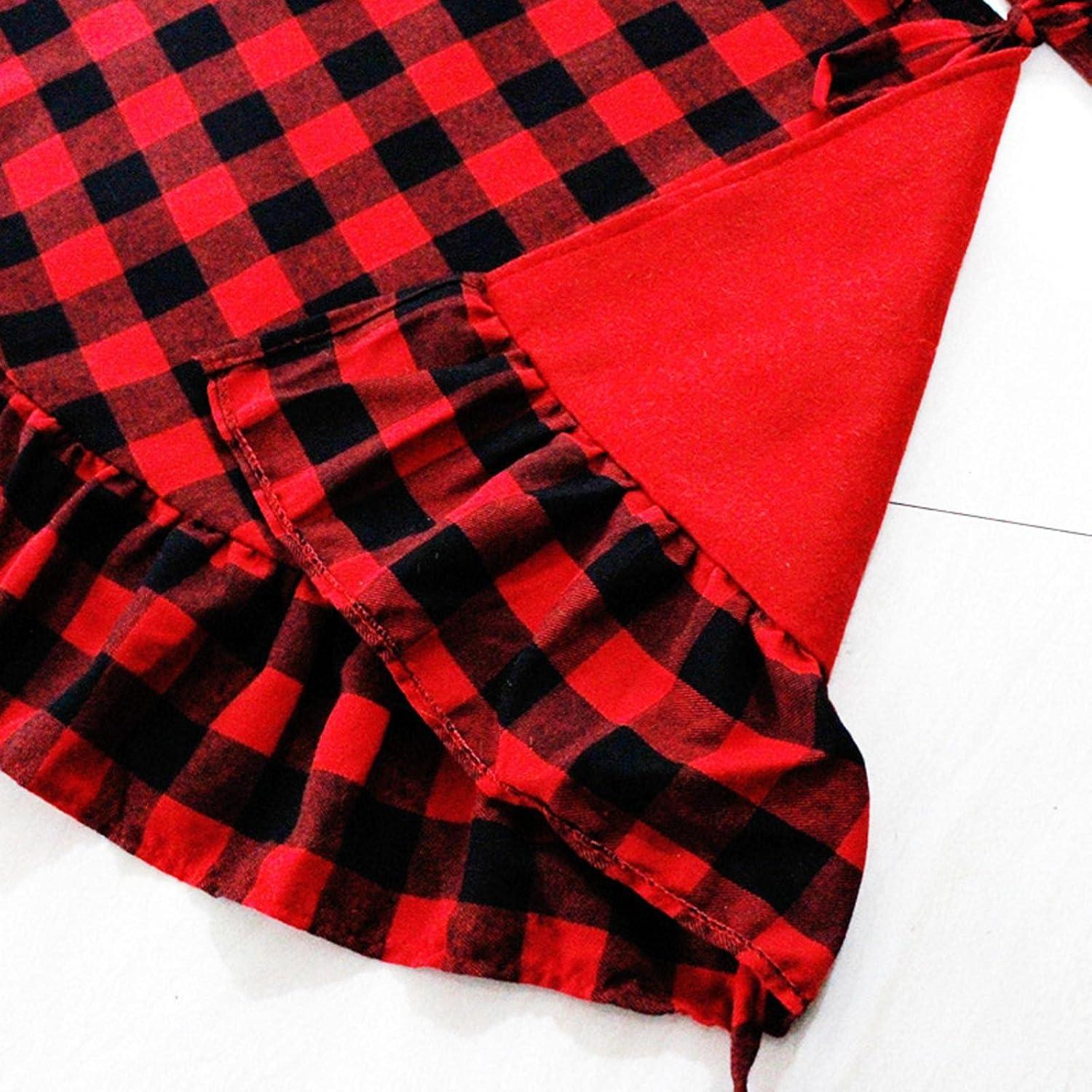 48-Inch Red and Black Buffalo Plaid Christmas Tree Skirt with Ruffle Edge