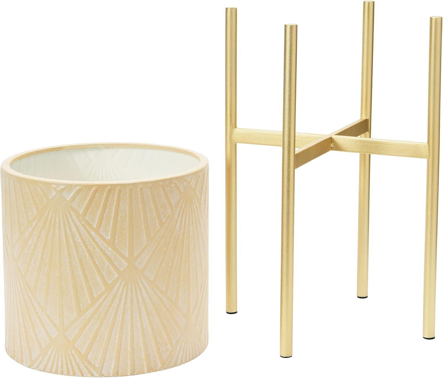 Main + Mesa Modern Boho Embossed Metal Planters with Stands, Cream and Gold, Set of 2 Sizes