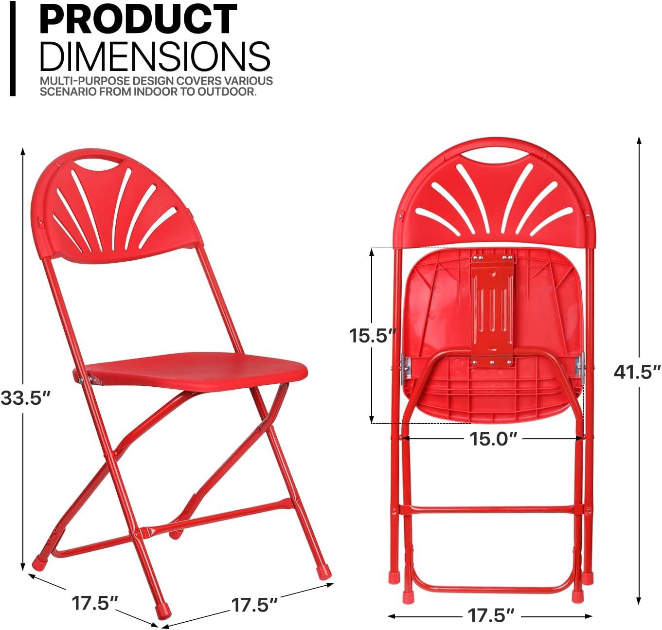 MoNiBloom Folding Plastic Chair, 10 Pack Portable Commercial Seat with Fan Back, for Wedding Camping, Red
