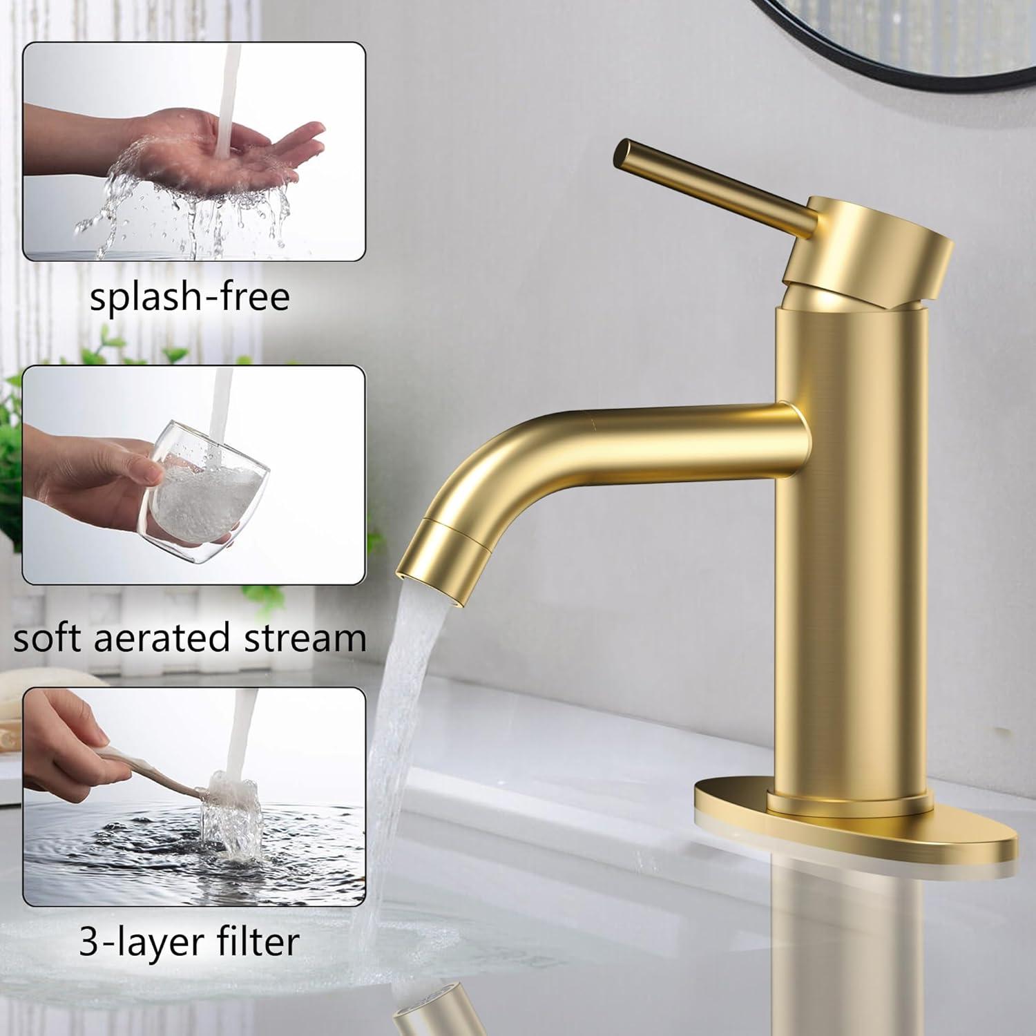 Brushed Gold Single Handle Brass Bathroom Faucet with Pop-up Drain