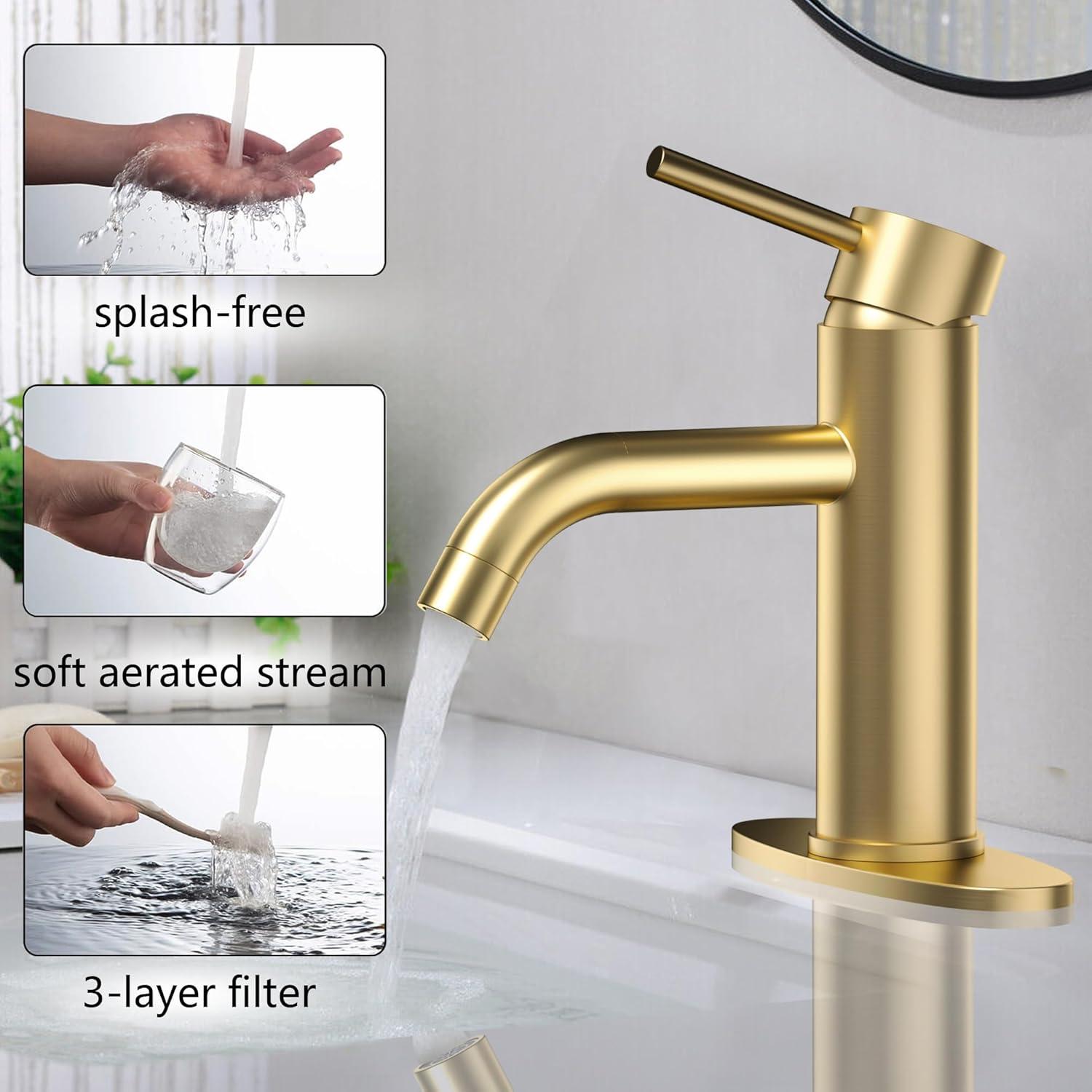 Brushed Gold Bathroom Faucet Gold Bathroom Sink Faucet Single Handle Gold Bathroom Faucet Modern Single Hole Faucet Bathroom with Pop-up Sink Drain Stopper & Deck Plate 1 or 3 Hole Bathroom Faucet