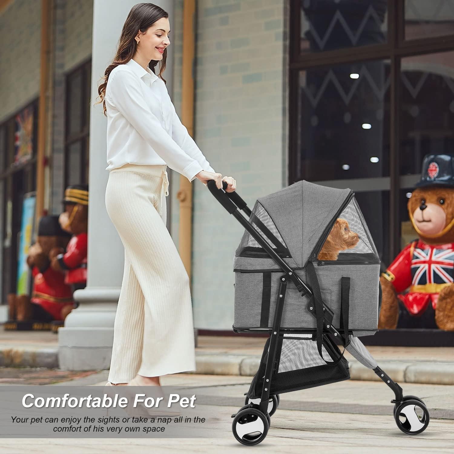 Gray 3-in-1 Multifunction Pet Stroller with Detachable Carrier